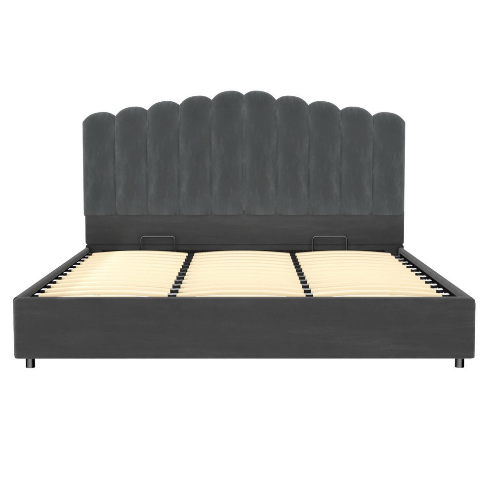 King Package | Fiona Velvet Gas Lift Bed Frame Grey & Serenity Euro Top Mattress (Medium Firm)
