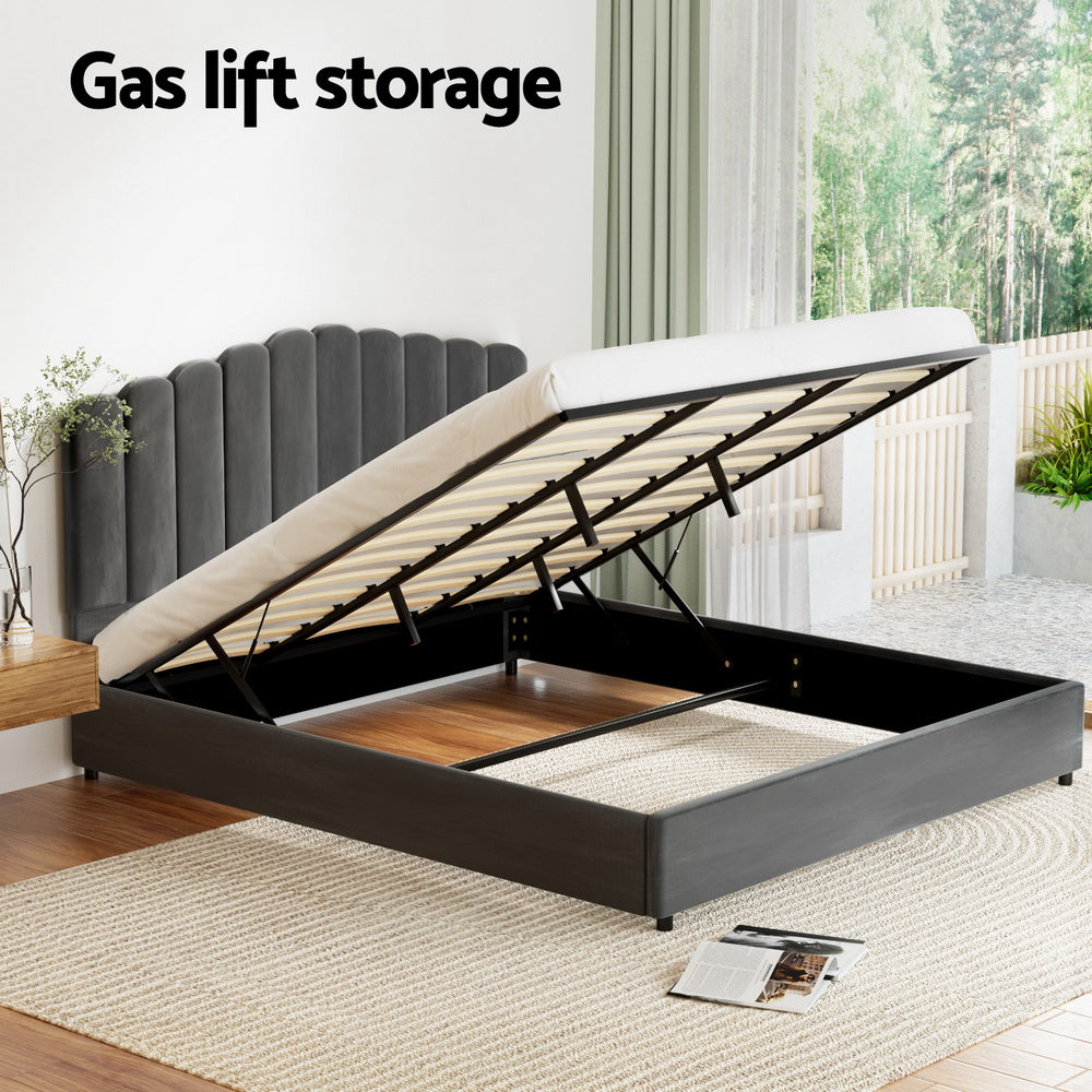 King Package | Fiona Velvet Gas Lift Bed Frame Grey & Serenity Euro Top Mattress (Medium Firm)