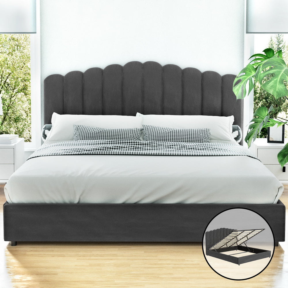 Fion King Velvet Storage Bed - Grey with scalloped headboard and gas lift storage in modern bedroom setting