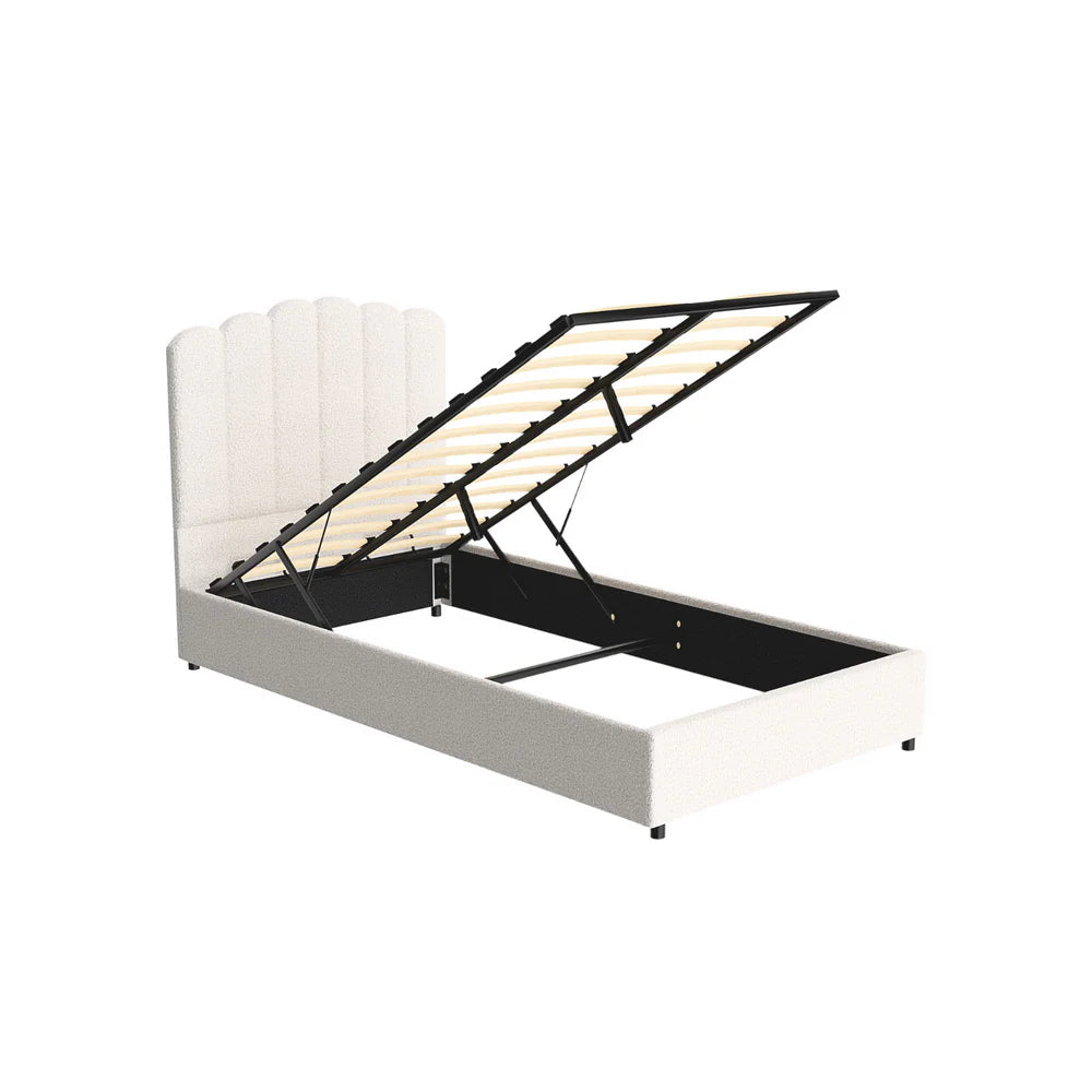 King Single Premium Package | Fion Boucle Gas Lift Bed Frame Cream White with storage lift mechanism and wooden slats