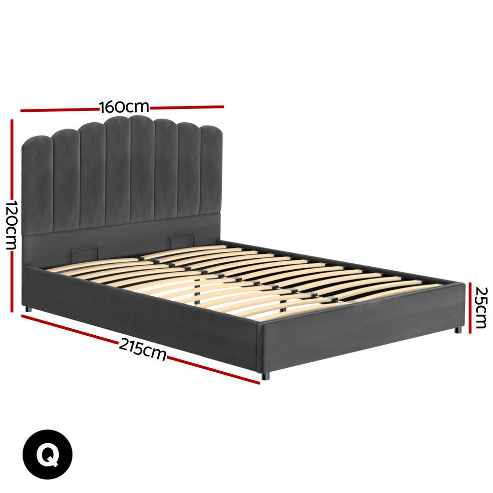 Fion Queen Velvet Storage Bed - Grey with scalloped headboard, velvet upholstery, wooden slats, and storage base