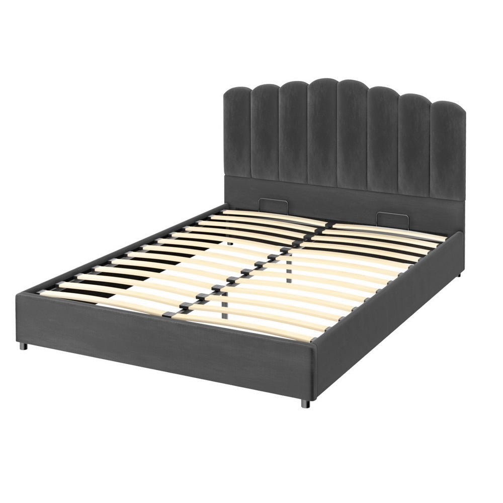 Fion Queen Velvet Storage Bed - Grey with scalloped headboard and wooden slats, part of bedroom furniture collection.