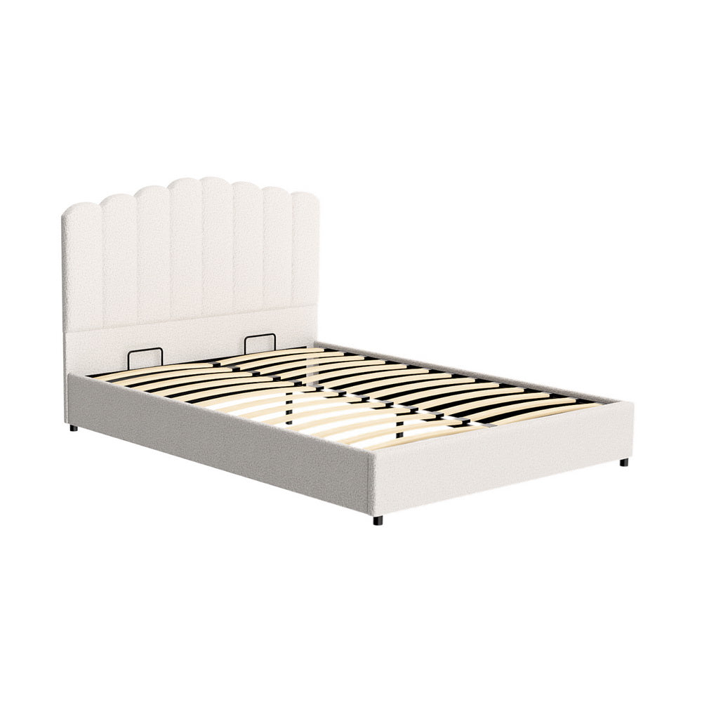 Fion Queen Boucle Storage Bed - Cream White with scalloped upholstered headboard and wooden slats, modern bedroom furniture