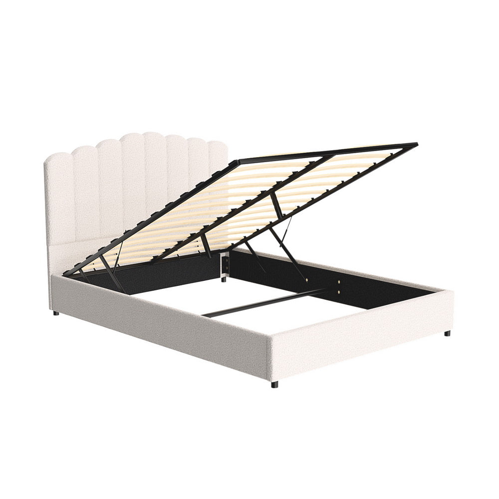 Fion Queen Boucle Storage Bed - Cream White with gas lift storage, scalloped headboard, and wooden slats against white background