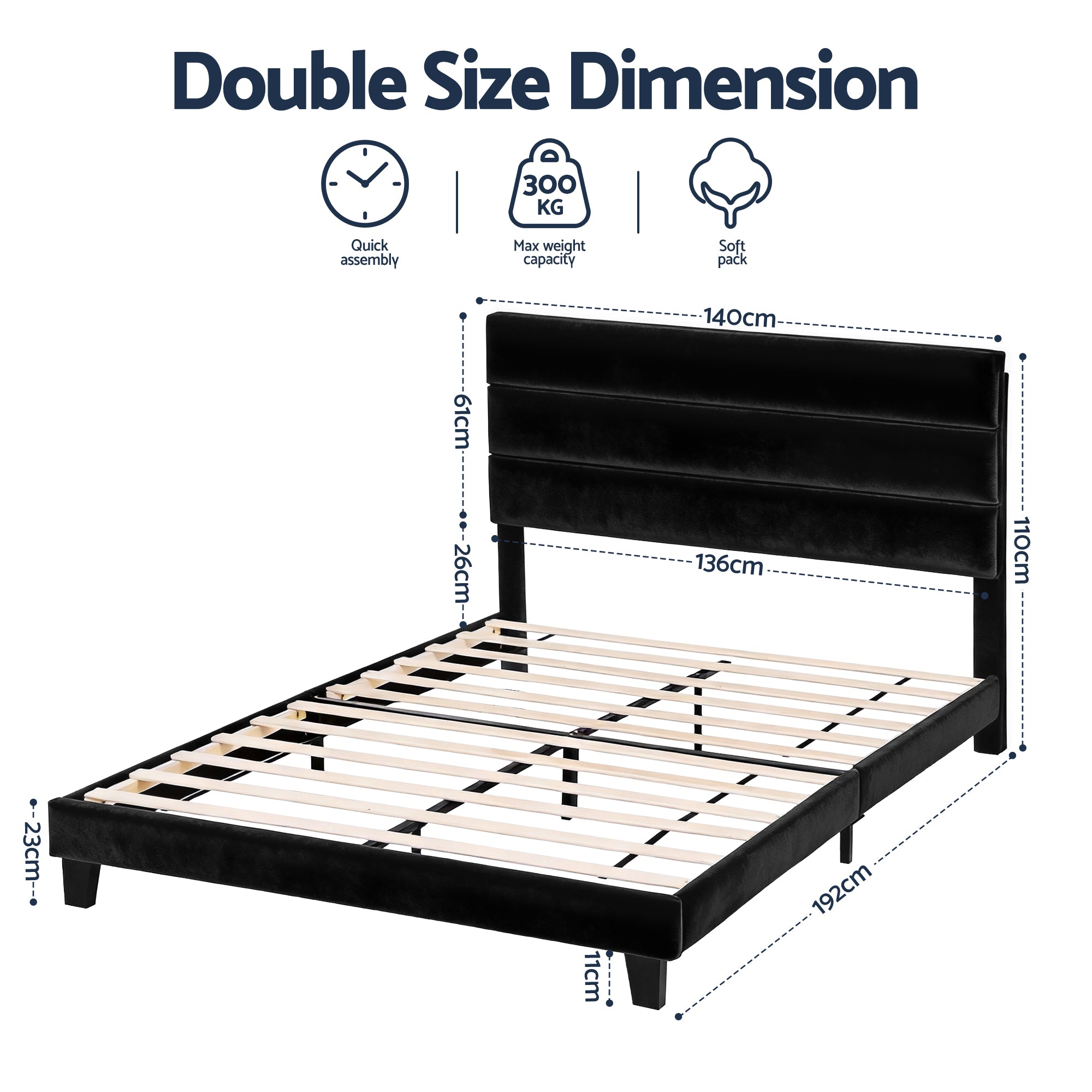 Hush Double Velvet Upholstered Bed Frame - Black