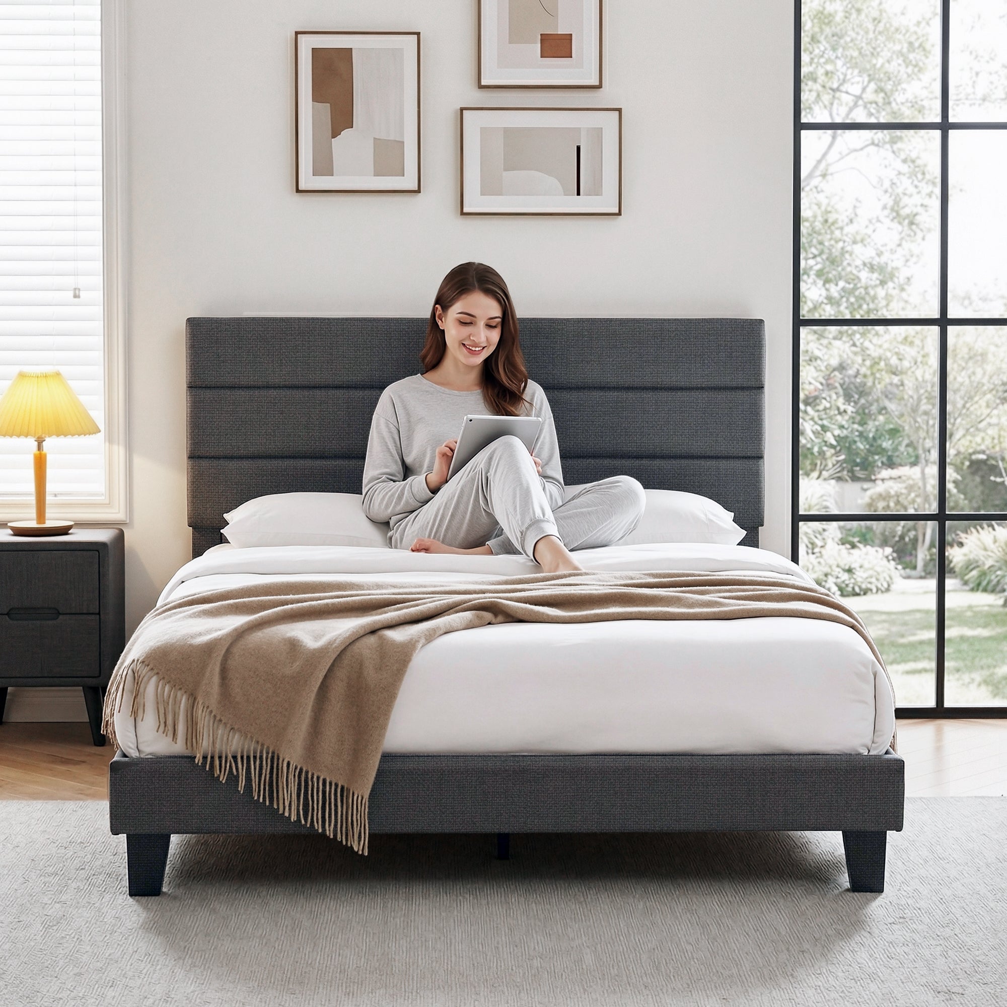 Hush Double Linen Upholstered Bed Frame - Dark Grey