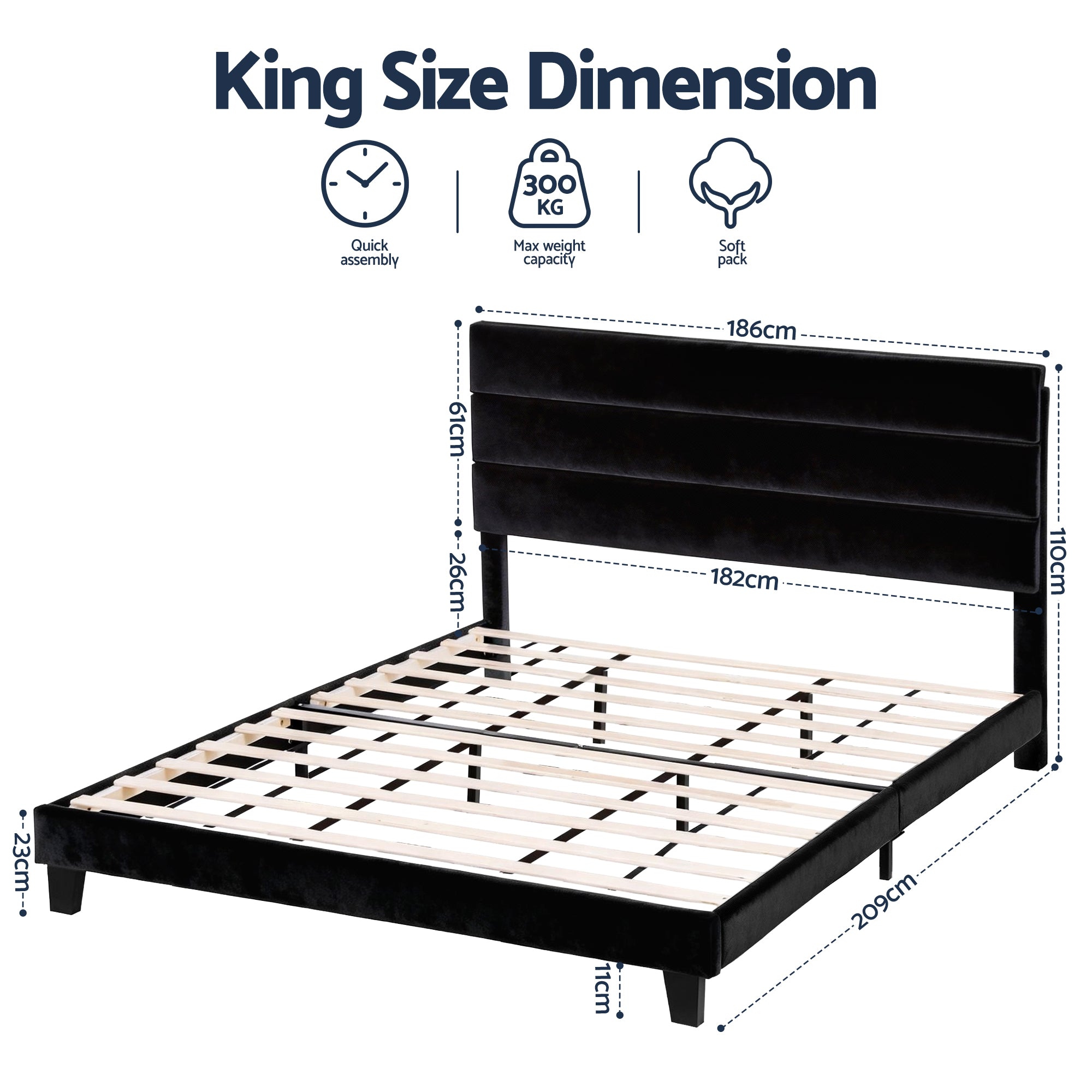 Hush King Velvet Upholstered Bed Frame - Black