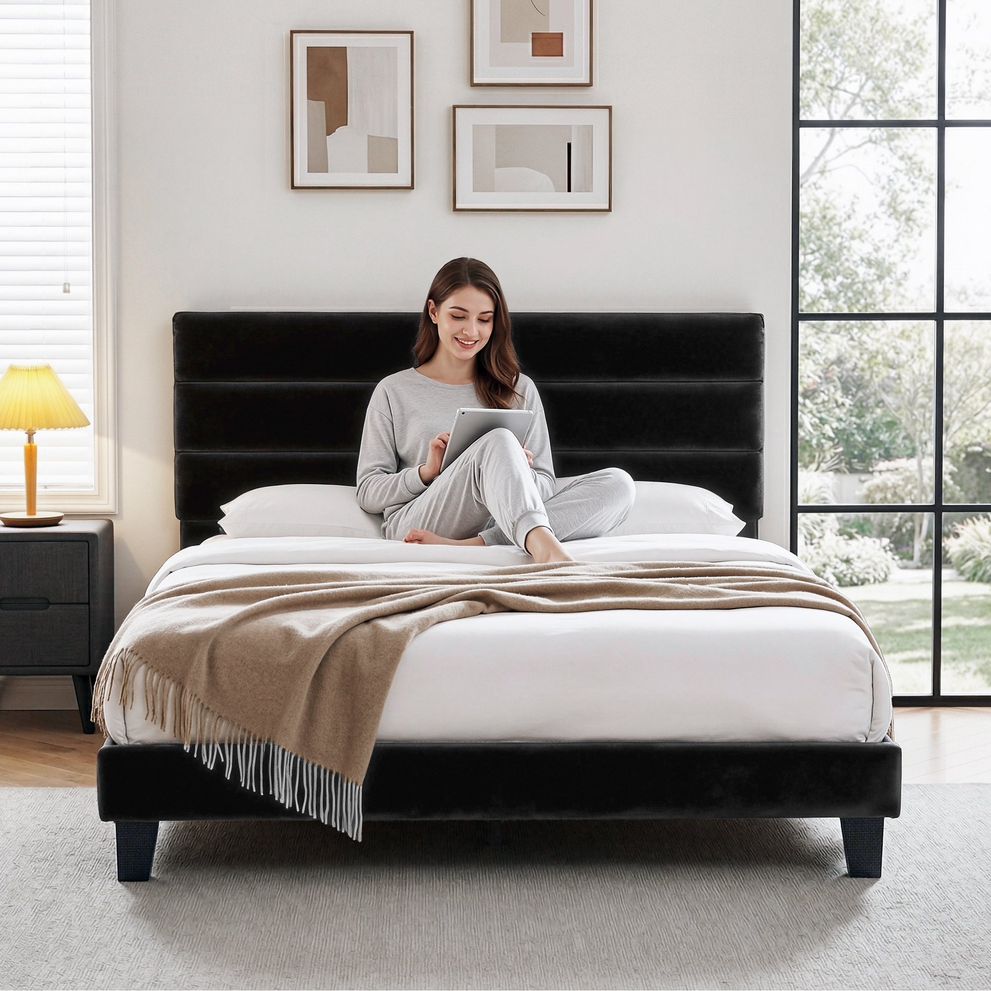 Hush King Velvet Upholstered Bed Frame - Black