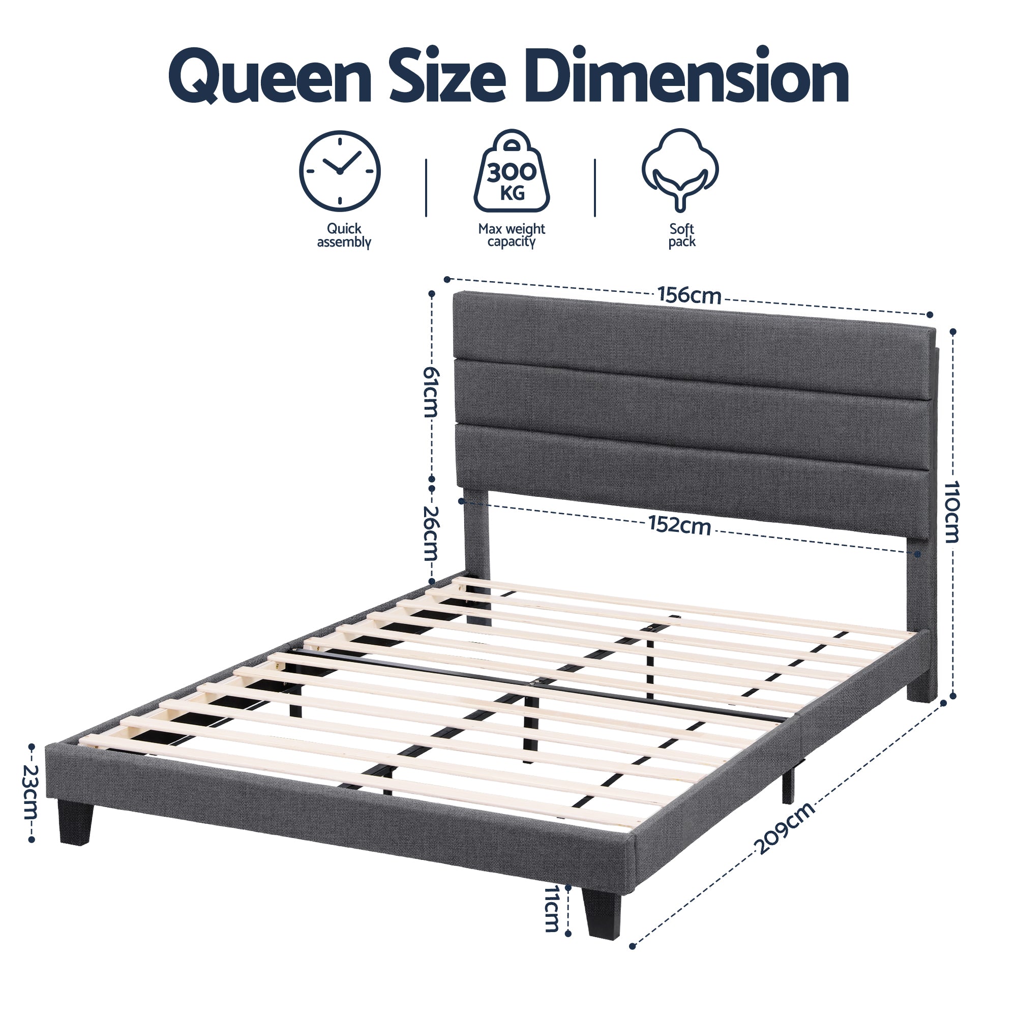 Hush Queen Linen Upholstered Bed Frame - Dark Grey