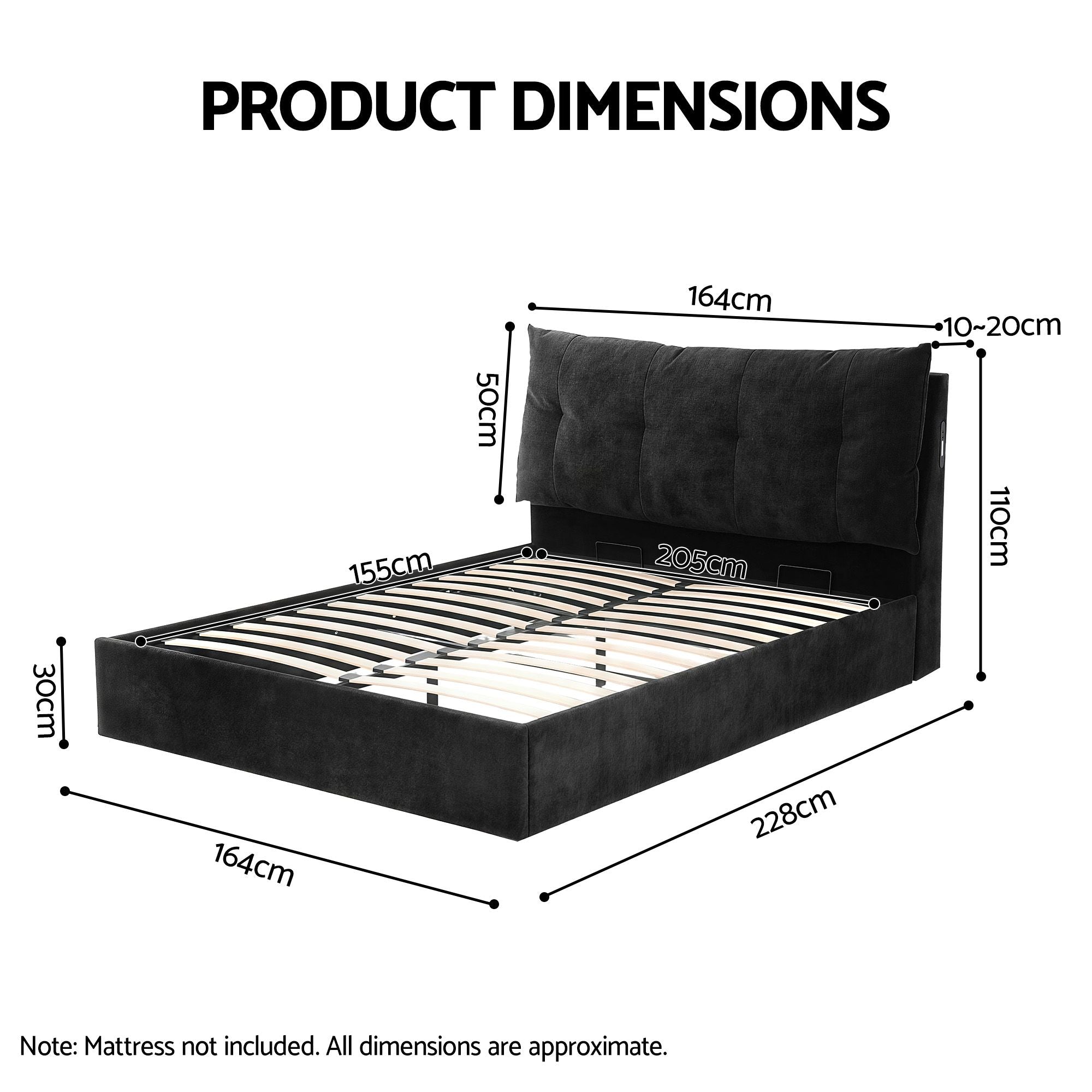 Queen Gas Lift Storage Bed Frame with LED Light & USB Type-C Charging Station - Black Velvet
