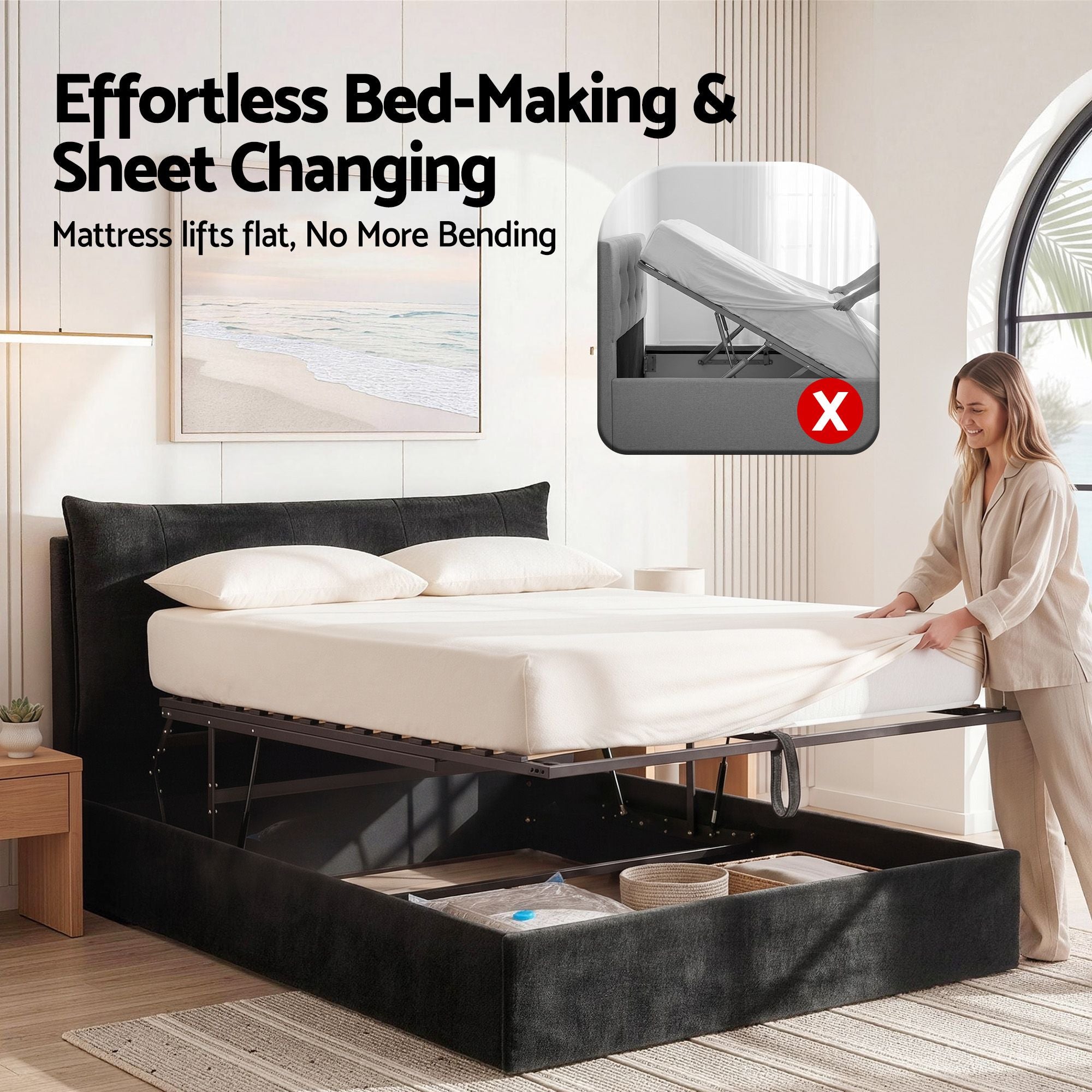 Queen Gas Lift Storage Bed Frame with LED Light & USB Type-C Charging Station - Black Velvet