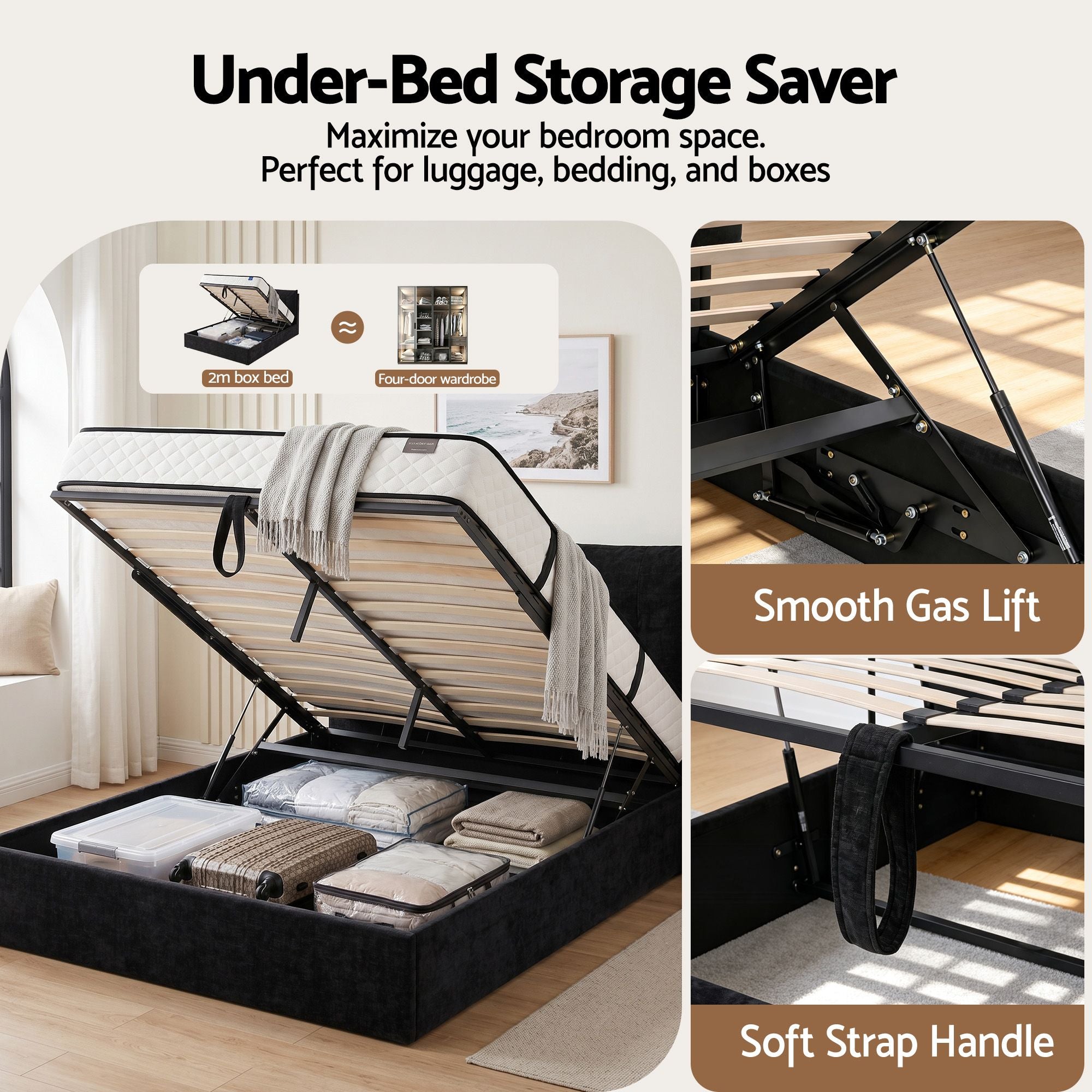 Queen Gas Lift Storage Bed Frame with LED Light & USB Type-C Charging Station - Black Velvet