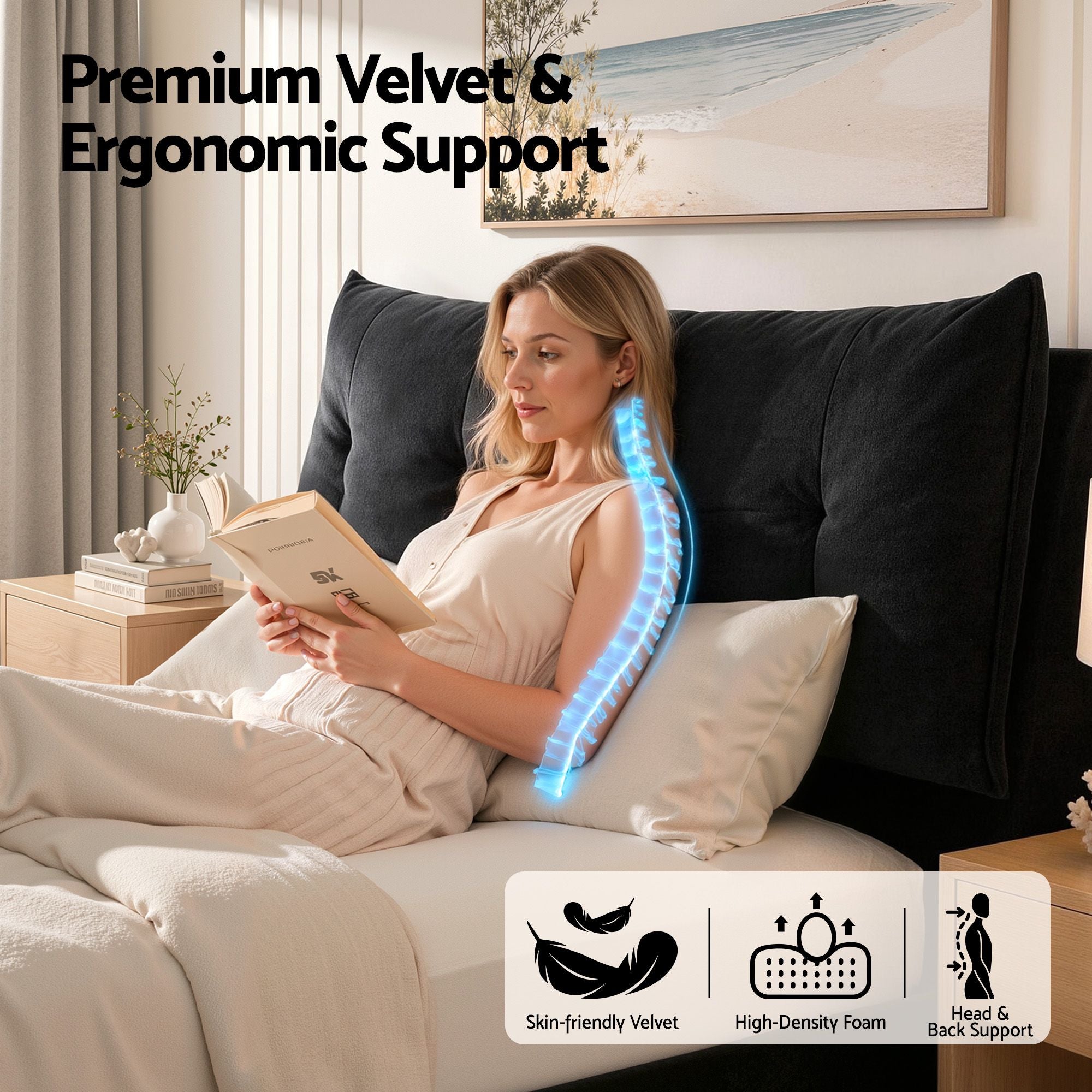 Queen Gas Lift Storage Bed Frame with LED Light & USB Type-C Charging Station - Black Velvet