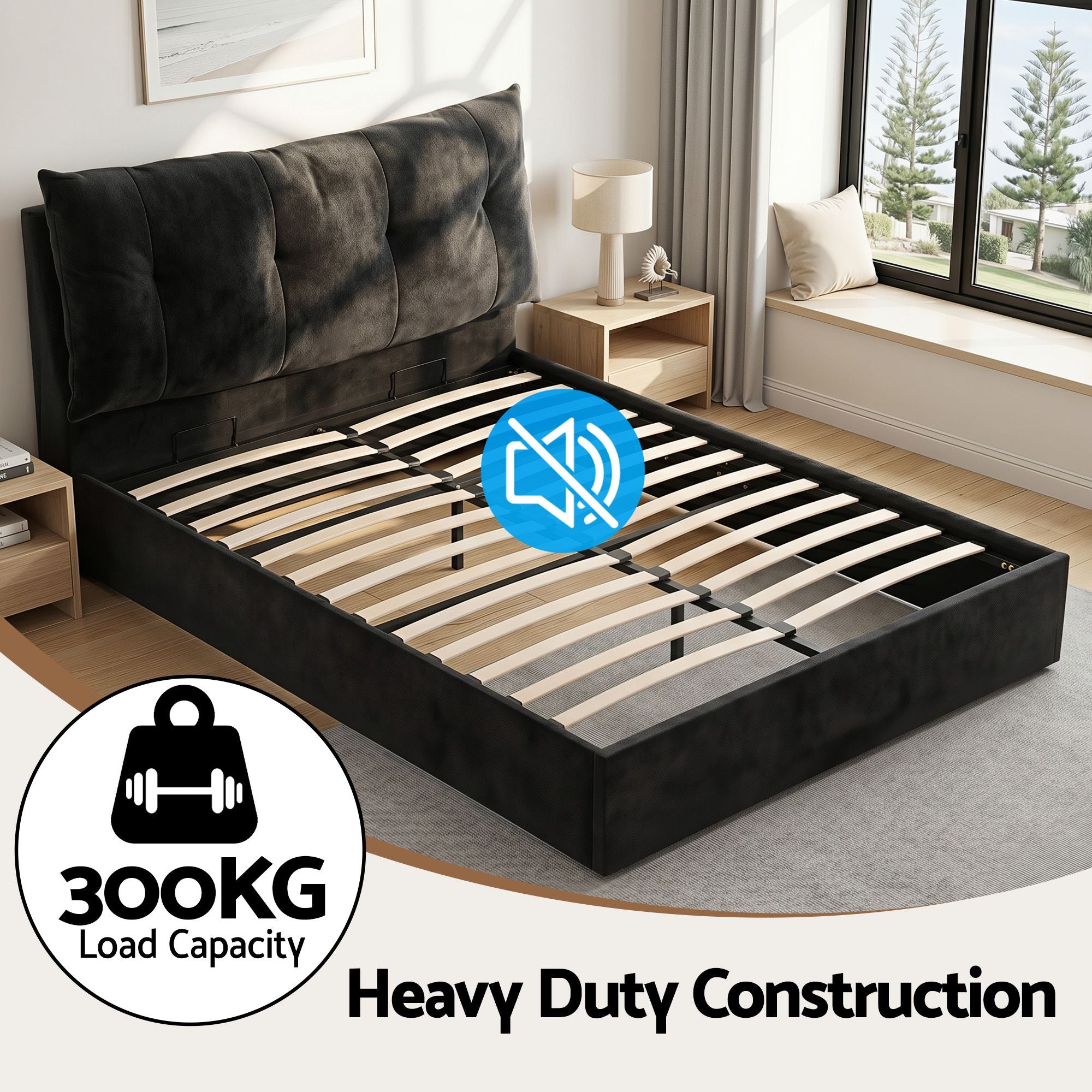 Queen Gas Lift Storage Bed Frame with LED Light & USB Type-C Charging Station - Black Velvet