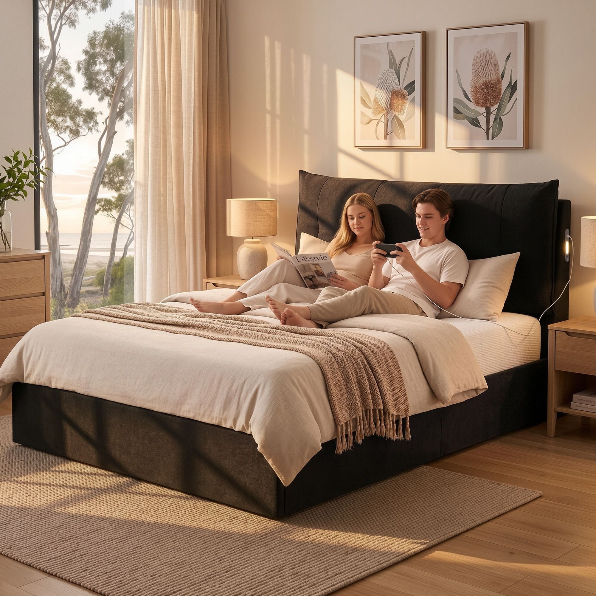 Queen Gas Lift Storage Bed Frame with LED Light & USB Type-C Charging Station - Black Velvet