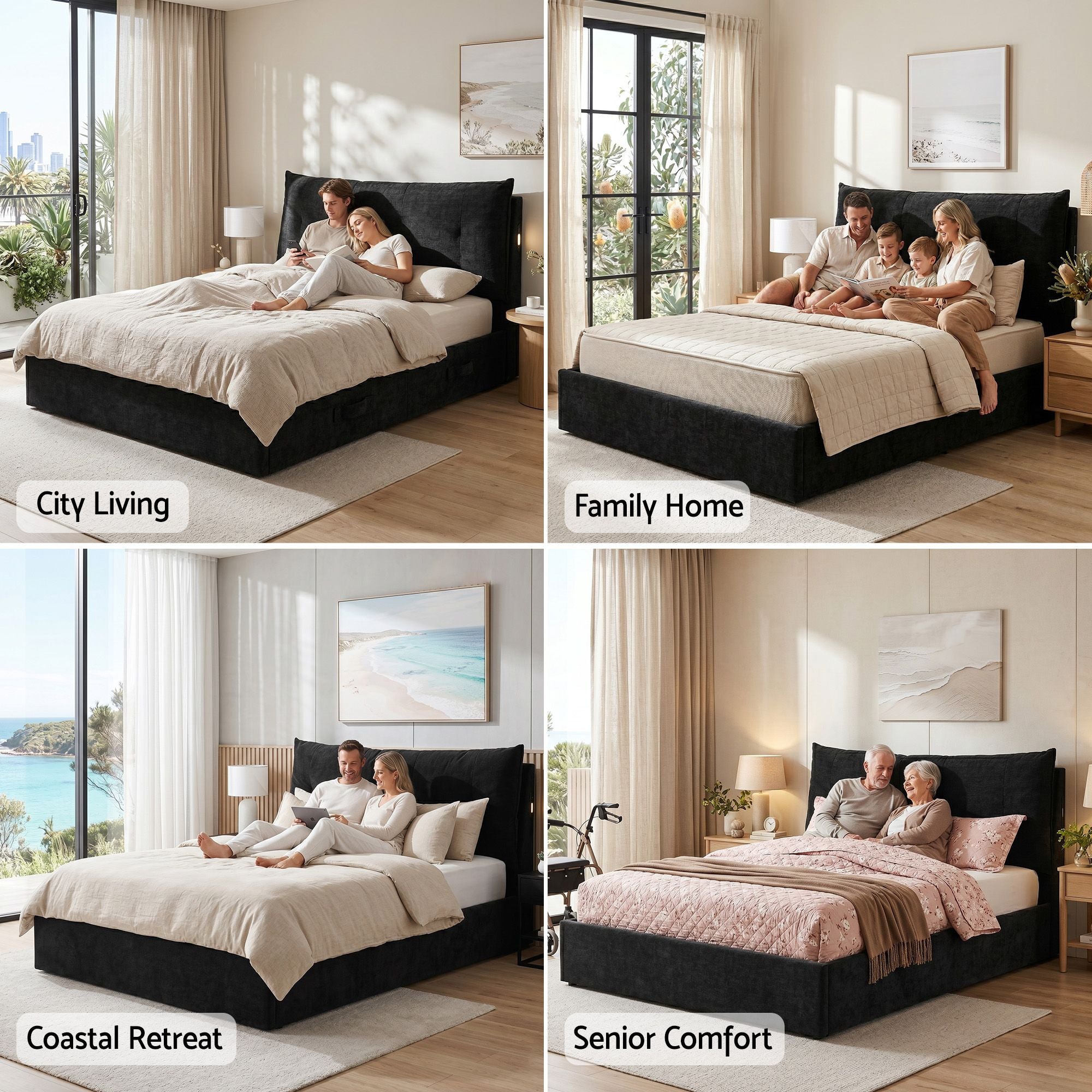 Queen Gas Lift Storage Bed Frame with LED Light & USB Type-C Charging Station - Black Velvet