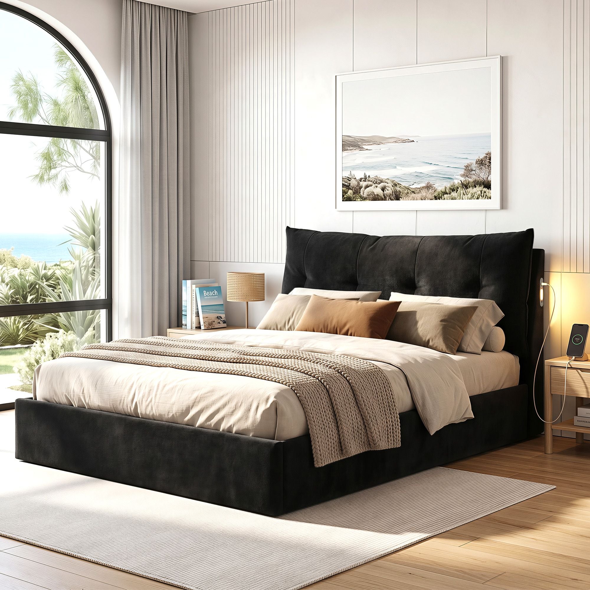 Queen Gas Lift Storage Bed Frame with LED Light & USB Type-C Charging Station - Black Velvet