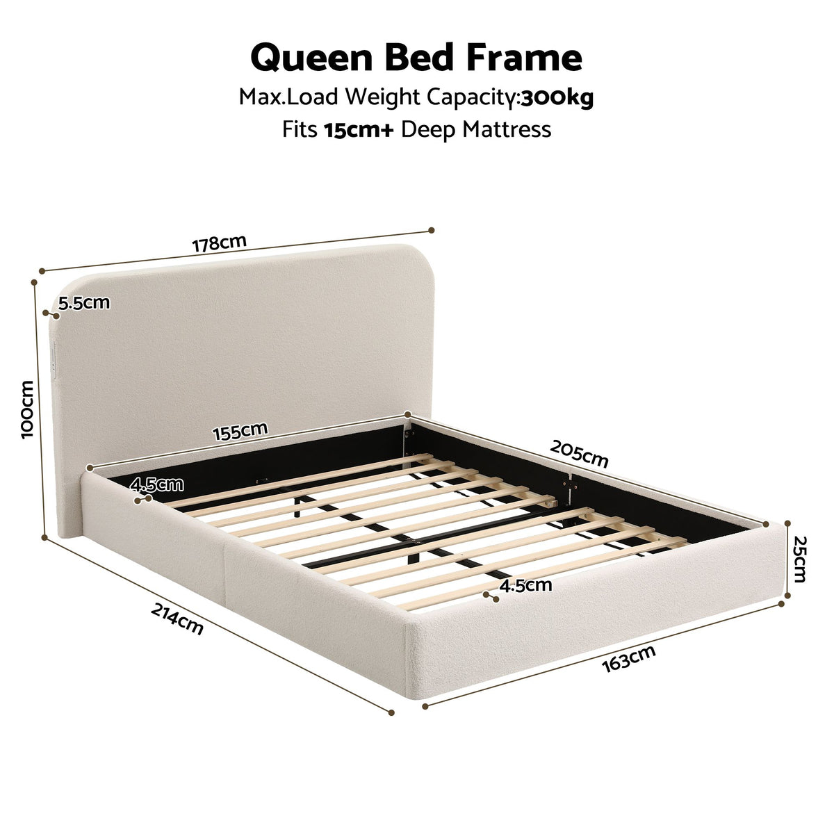 Queen Bed Frame with Bouclé Headboard, USB-C Charging & Night Lights