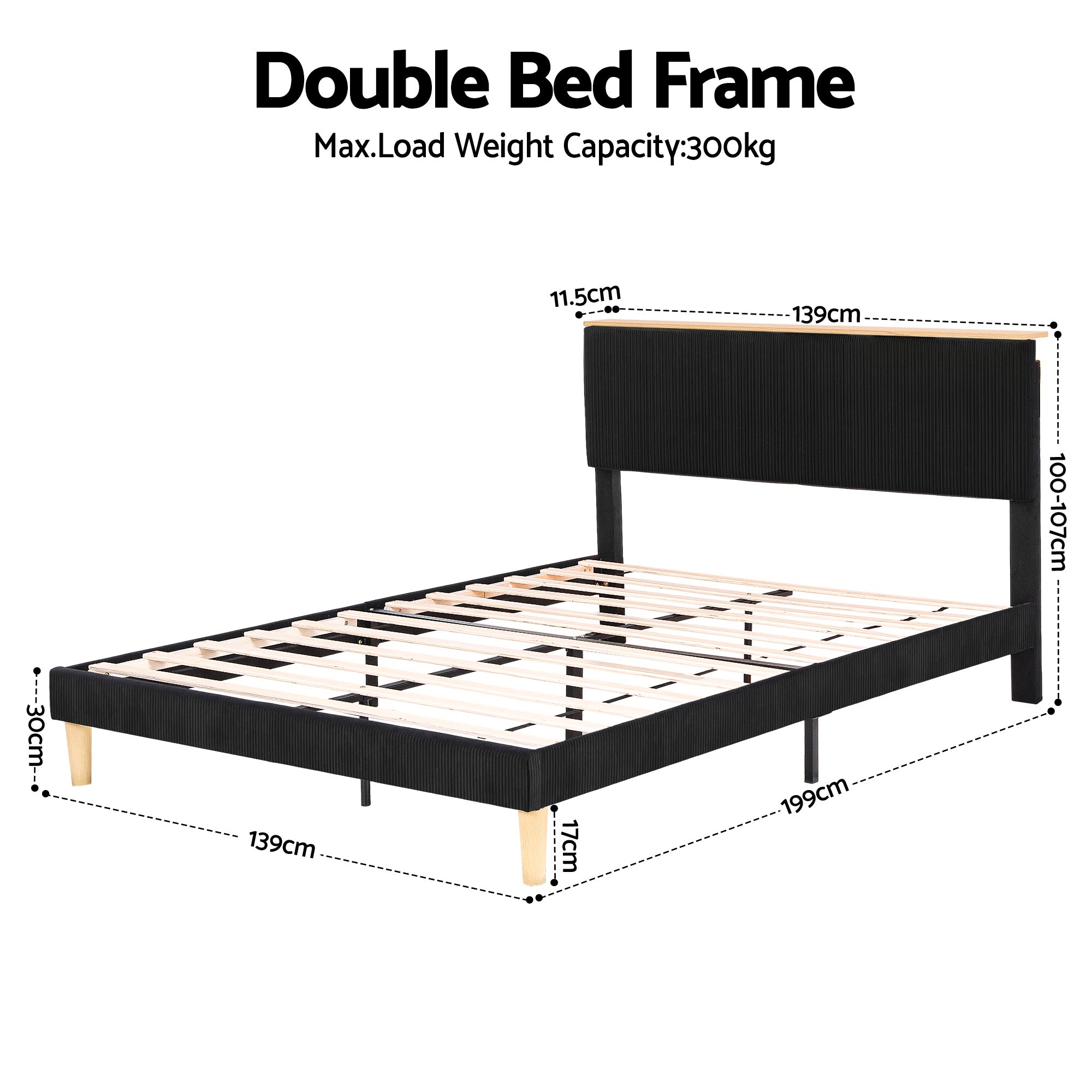 Royce Double Upholstered LED Bed Frame with Adjustable Headboard - Black Velvet