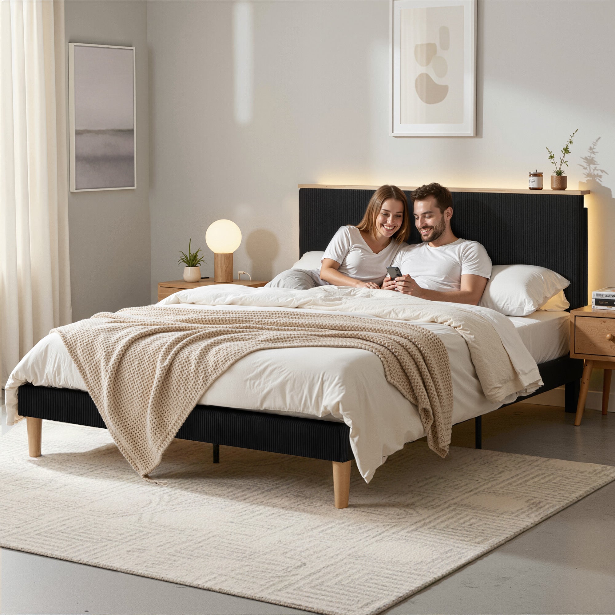 Royce Double Upholstered LED Bed Frame with Adjustable Headboard - Black Velvet