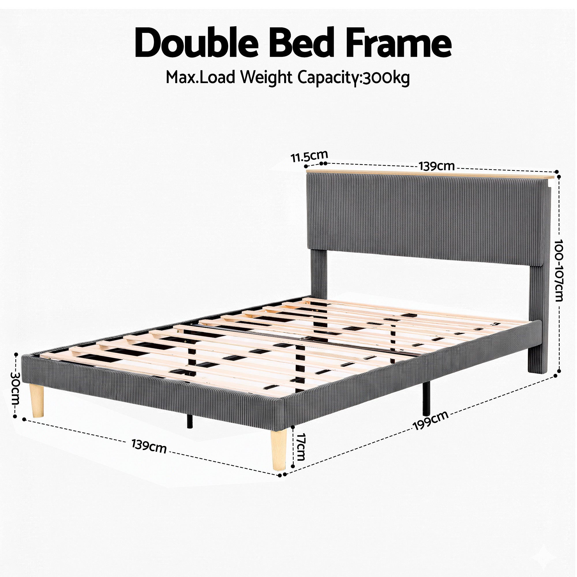 Royce Double Upholstered LED Bed Frame with Adjustable Headboard - Grey Velvet