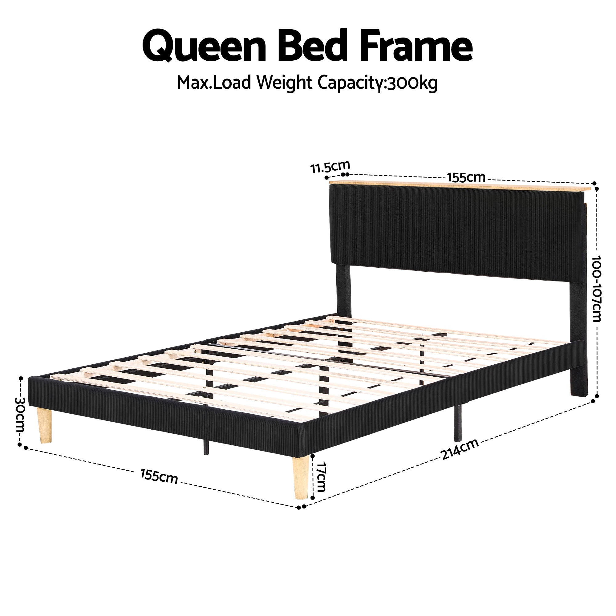 Royce Queen Upholstered LED Bed Frame with Adjustable Headboard - Black Velvet