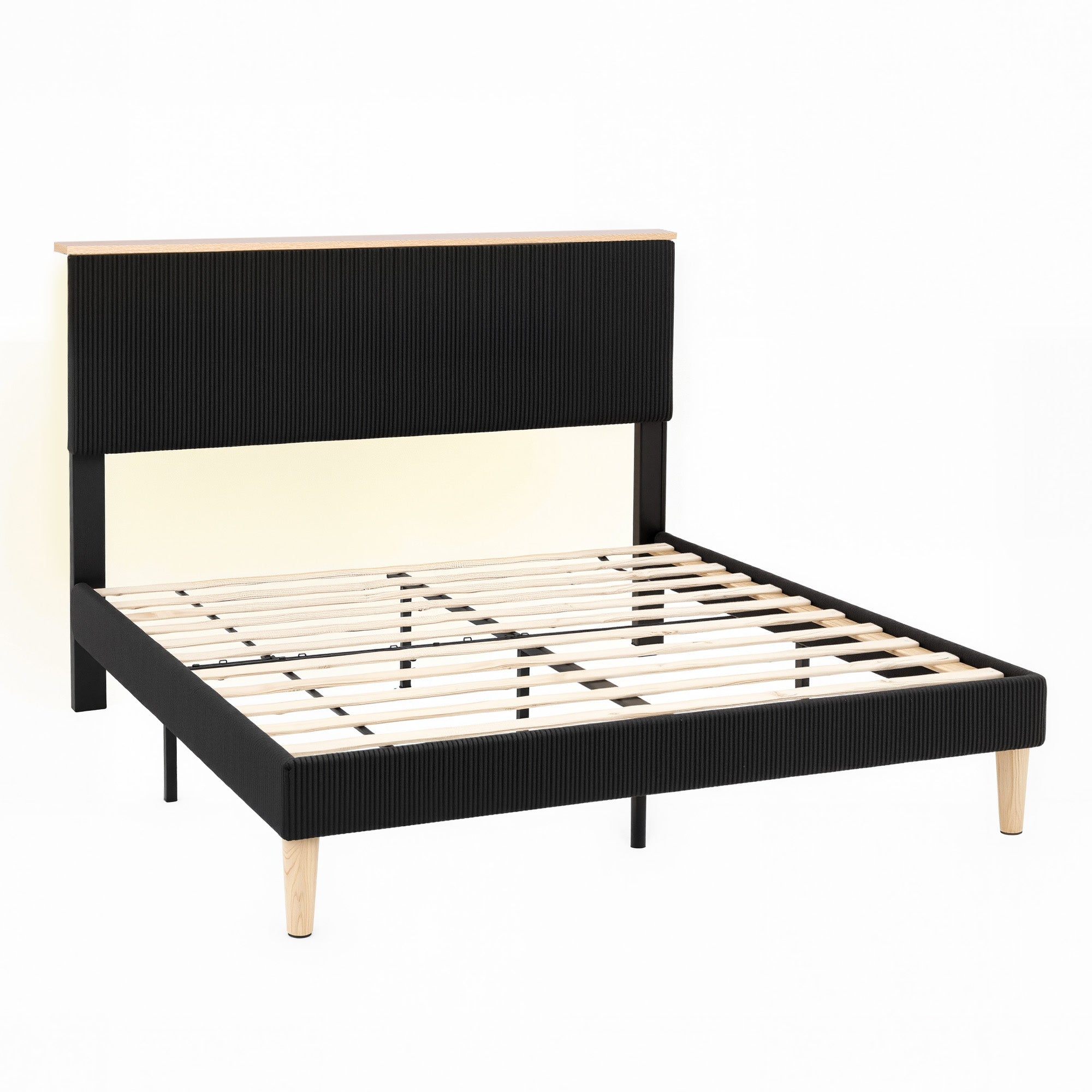 Royce Queen Upholstered LED Bed Frame with Adjustable Headboard - Black Velvet