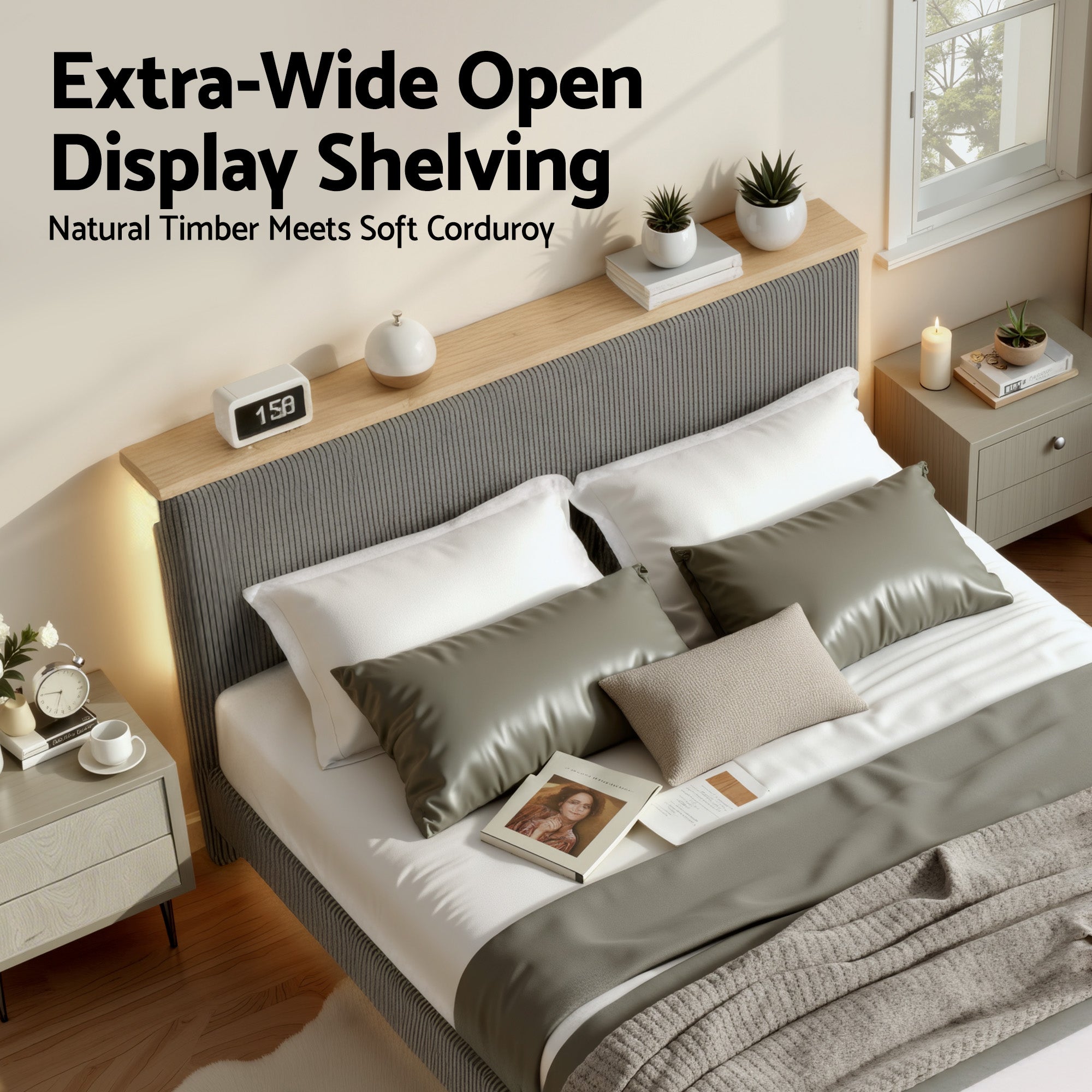 Royce Queen Upholstered LED Bed Frame with Adjustable Headboard - Grey Velvet