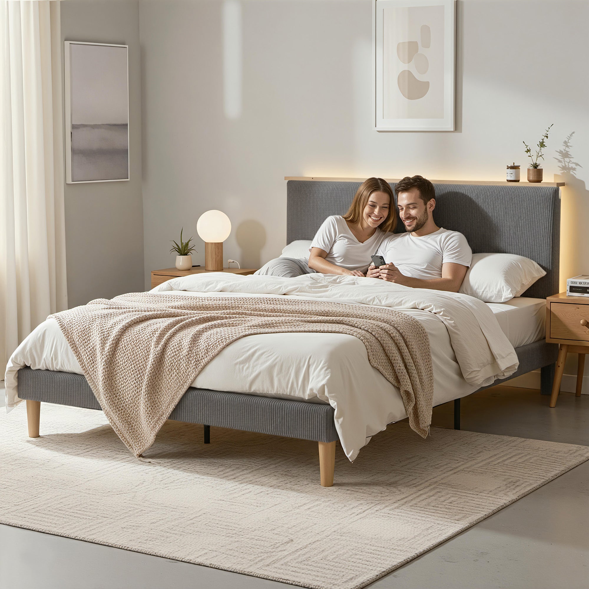 Royce Queen Upholstered LED Bed Frame with Adjustable Headboard - Grey Velvet