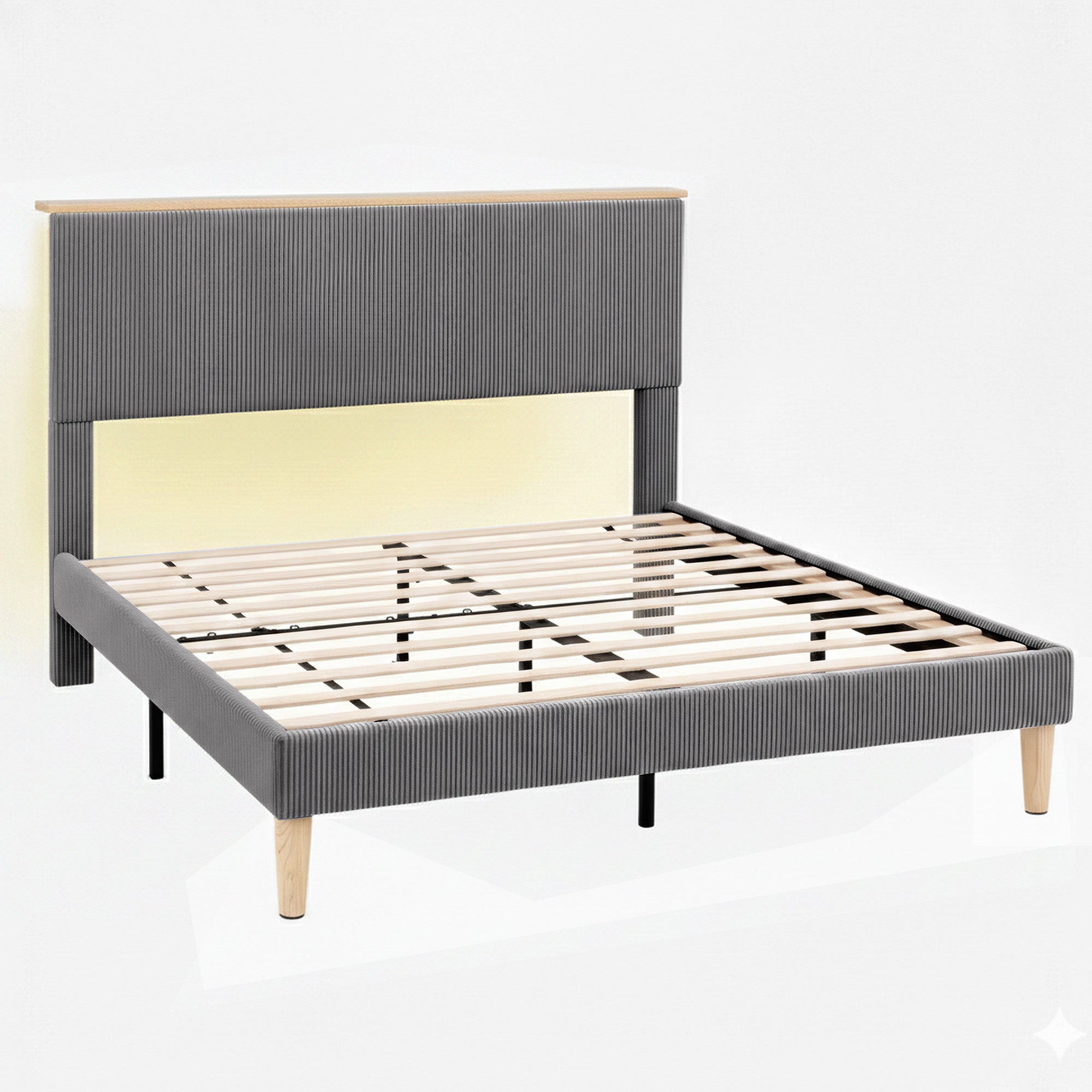 Royce Queen Upholstered LED Bed Frame with Adjustable Headboard - Grey Velvet