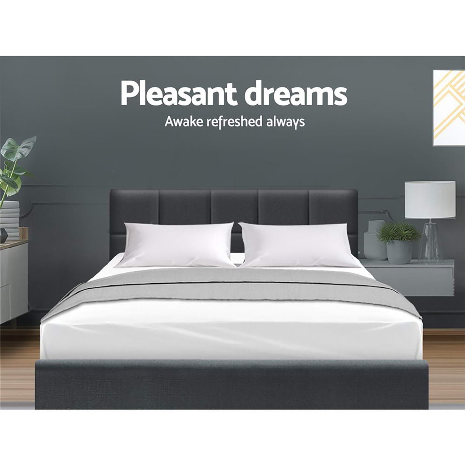 Bondi Double Bed Frame Charcoal with upholstered headboard, modern design, and neutral bedroom furniture setting