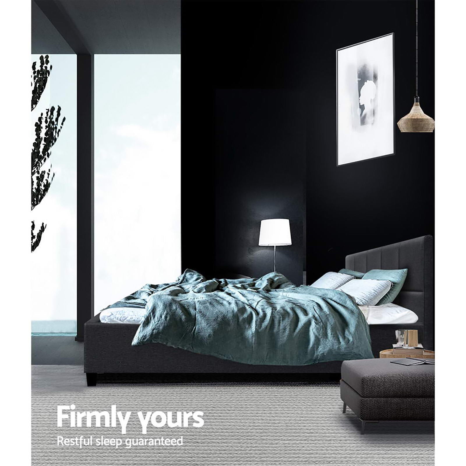 Bondi Double Bed Frame Charcoal with upholstered headboard, stylish bedding, and modern bedroom furniture setting