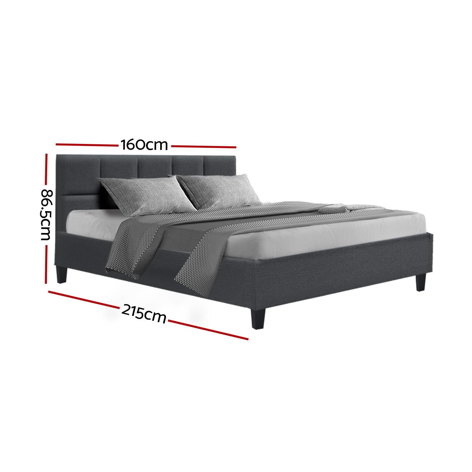 Bondi Queen Bed Frame Charcoal with modern upholstered design, tufted headboard, and wooden legs, shown with mattress and pillows