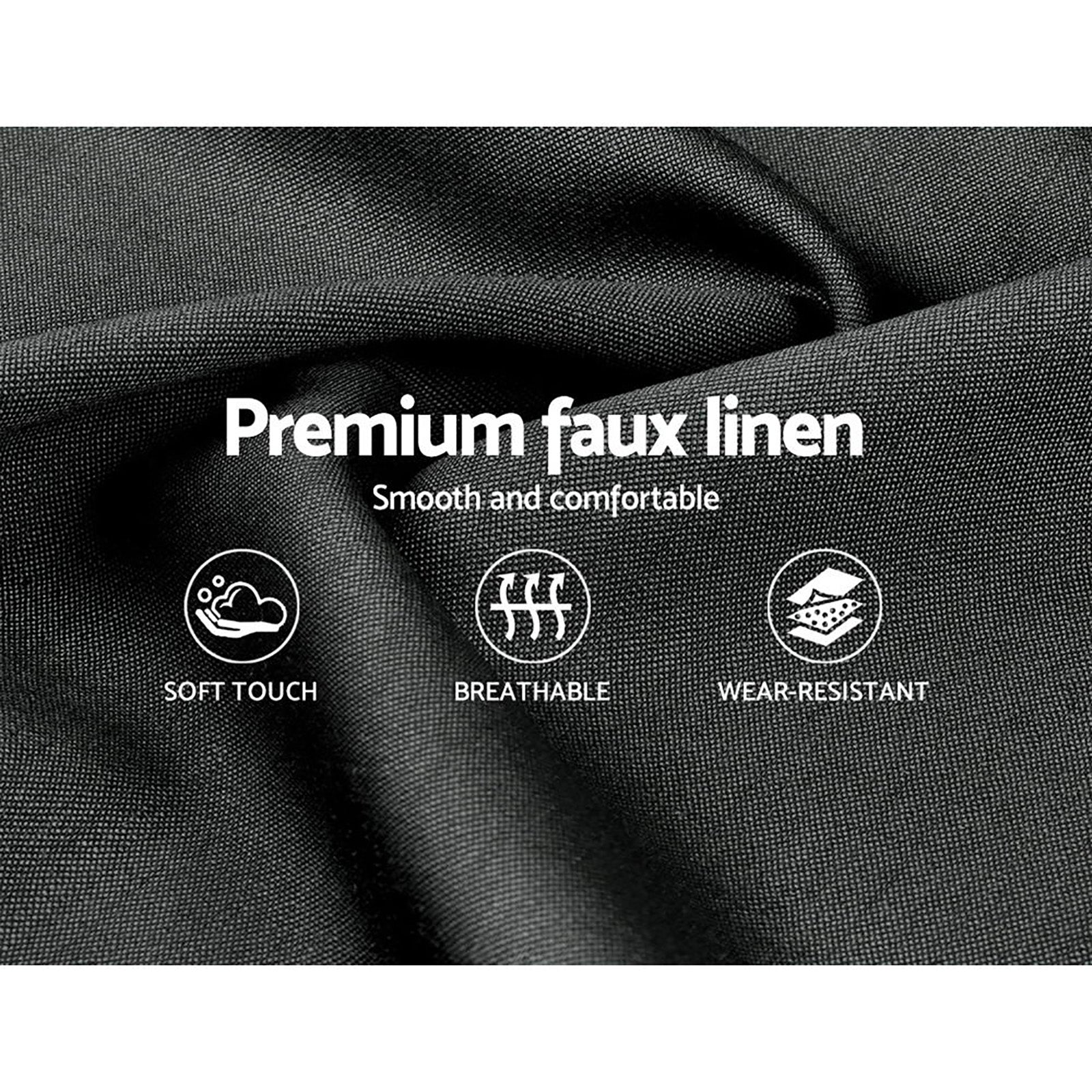 Close-up of premium faux linen fabric highlighting soft touch, breathable, and wear-resistant features for Bondi Queen Bed Frame Charcoal
