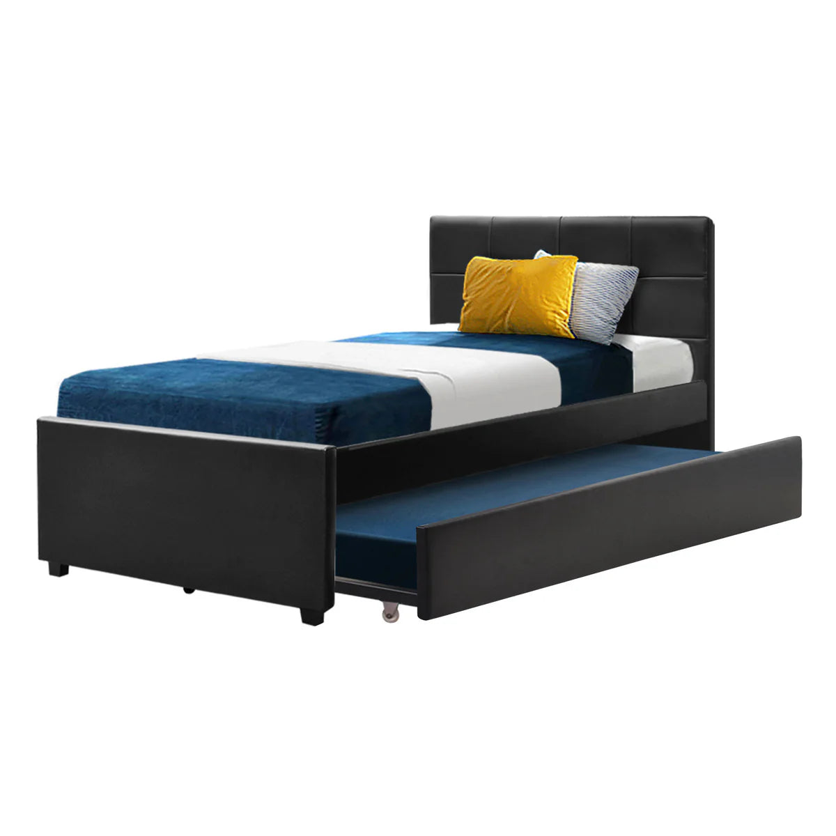 King Single Premium Package | Eden Trundle Bed Black, Algarve Euro Top Pocket Spring Mattress (Medium Firm), Arina Series Trundle Mattress (Medium Firm) & Pillowtop Mattress Topper