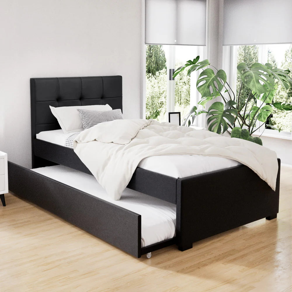 King Single Premium Package | Eden Trundle Bed Black, Algarve Euro Top Pocket Spring Mattress (Medium Firm), Arina Series Trundle Mattress (Medium Firm) & Pillowtop Mattress Topper