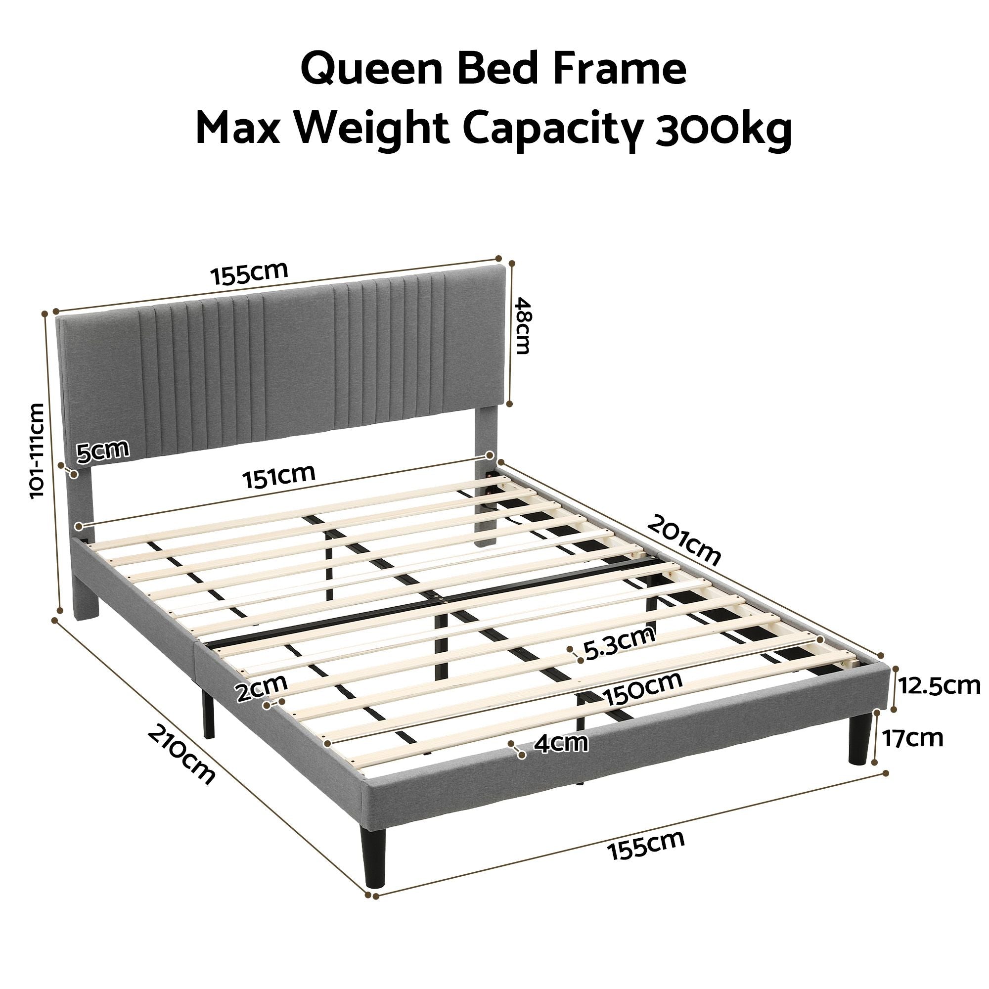 Queen Adjustable Headboard Bed Frame 300kg Capacity - Grey