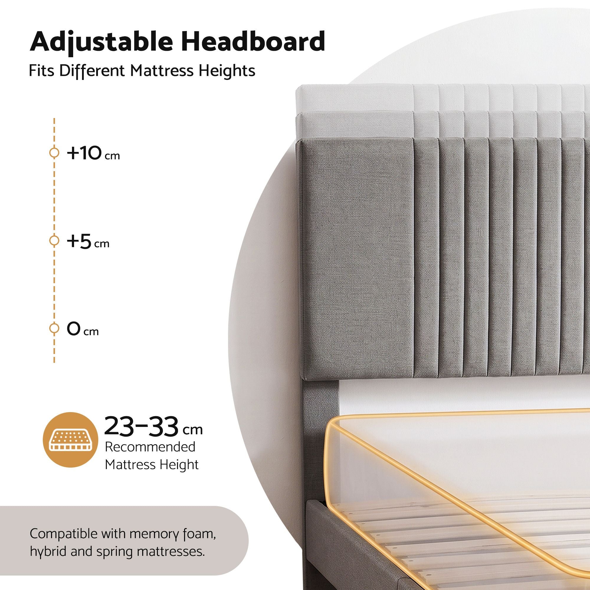 Queen Adjustable Headboard Bed Frame 300kg Capacity - Grey