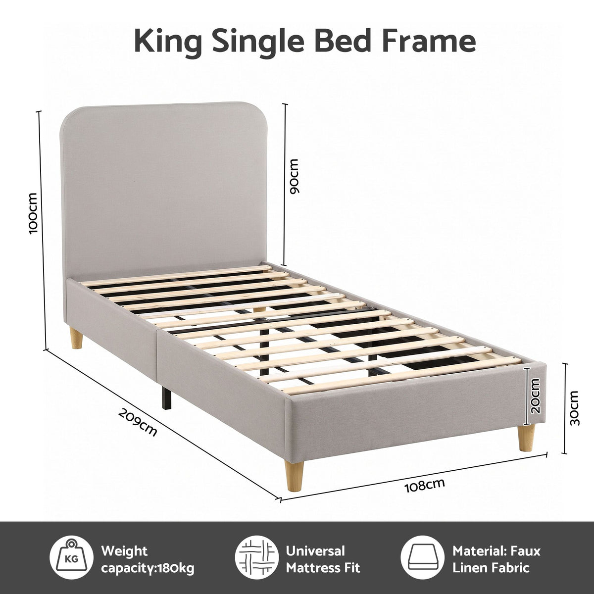 King Single Upholstered Bed Frame with Headboard - Grey