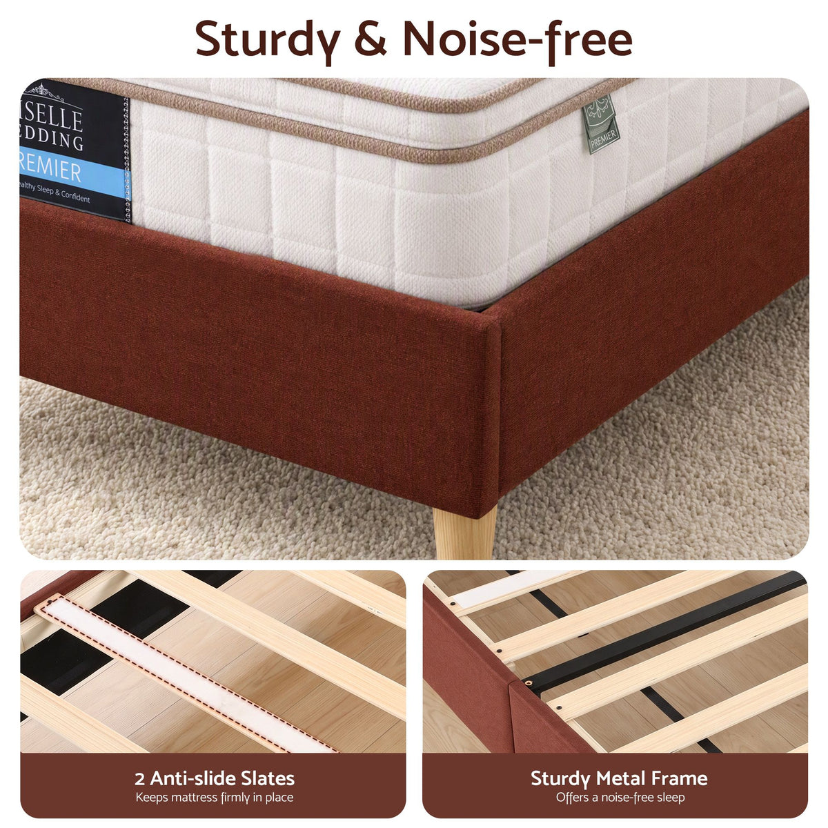Single Upholstered Bed Frame with Headboard - Brown Faux Linen