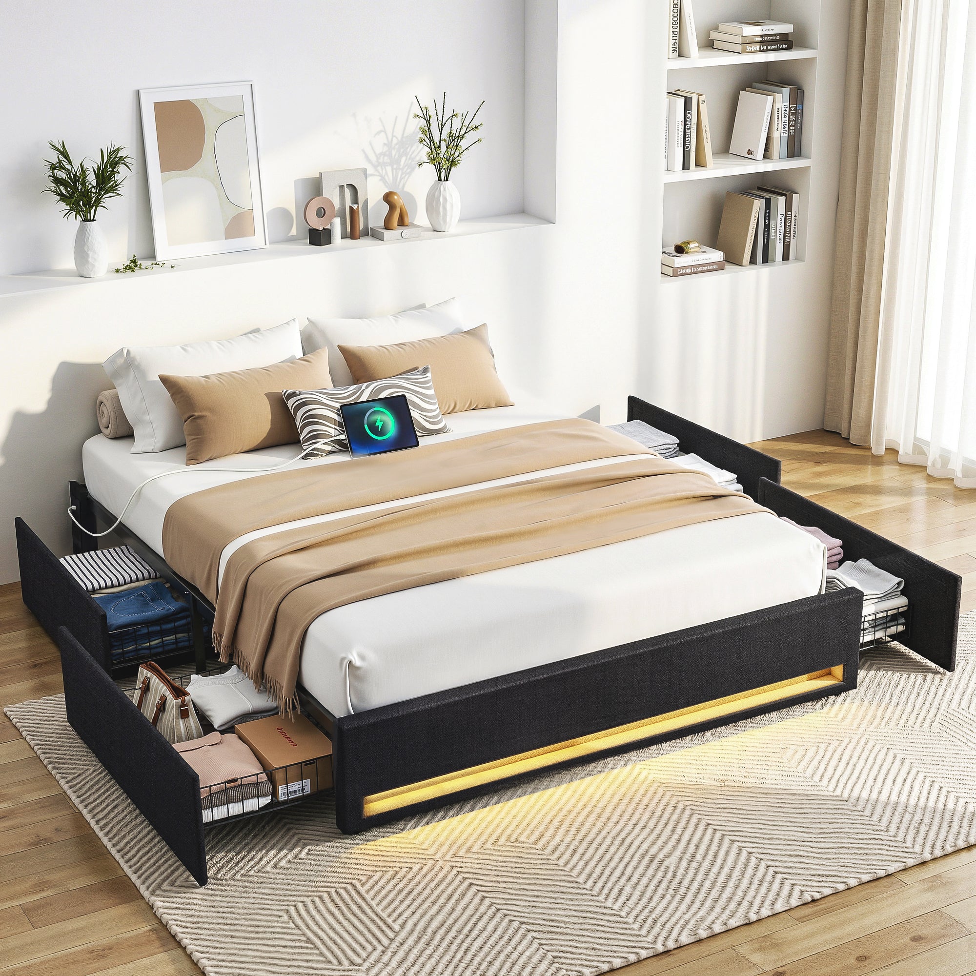 Double Bed Frame with Storage Drawers RGB Lights Charging Station Upholstered Fabric