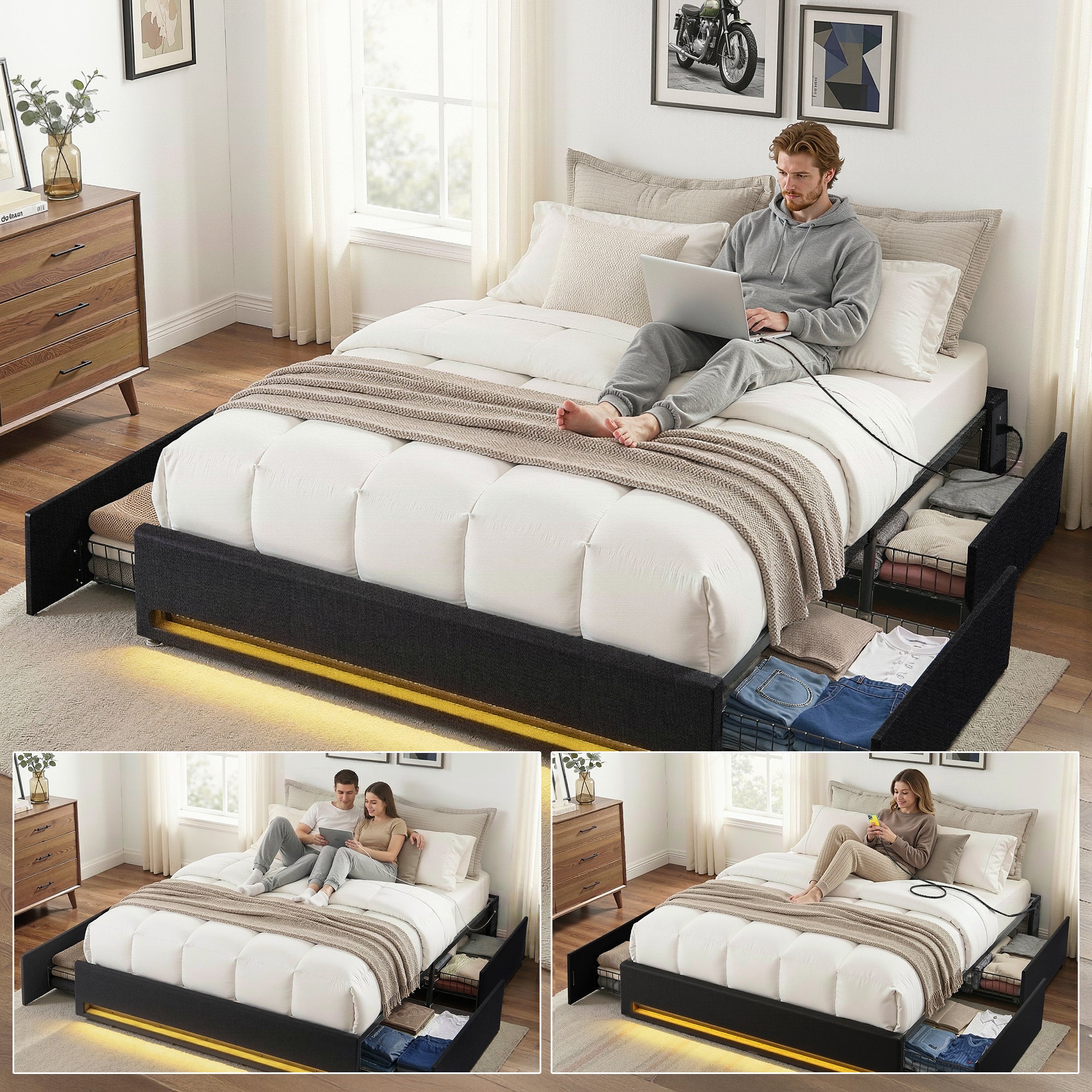 Double Bed Frame with Storage Drawers RGB Lights Charging Station Upholstered Fabric