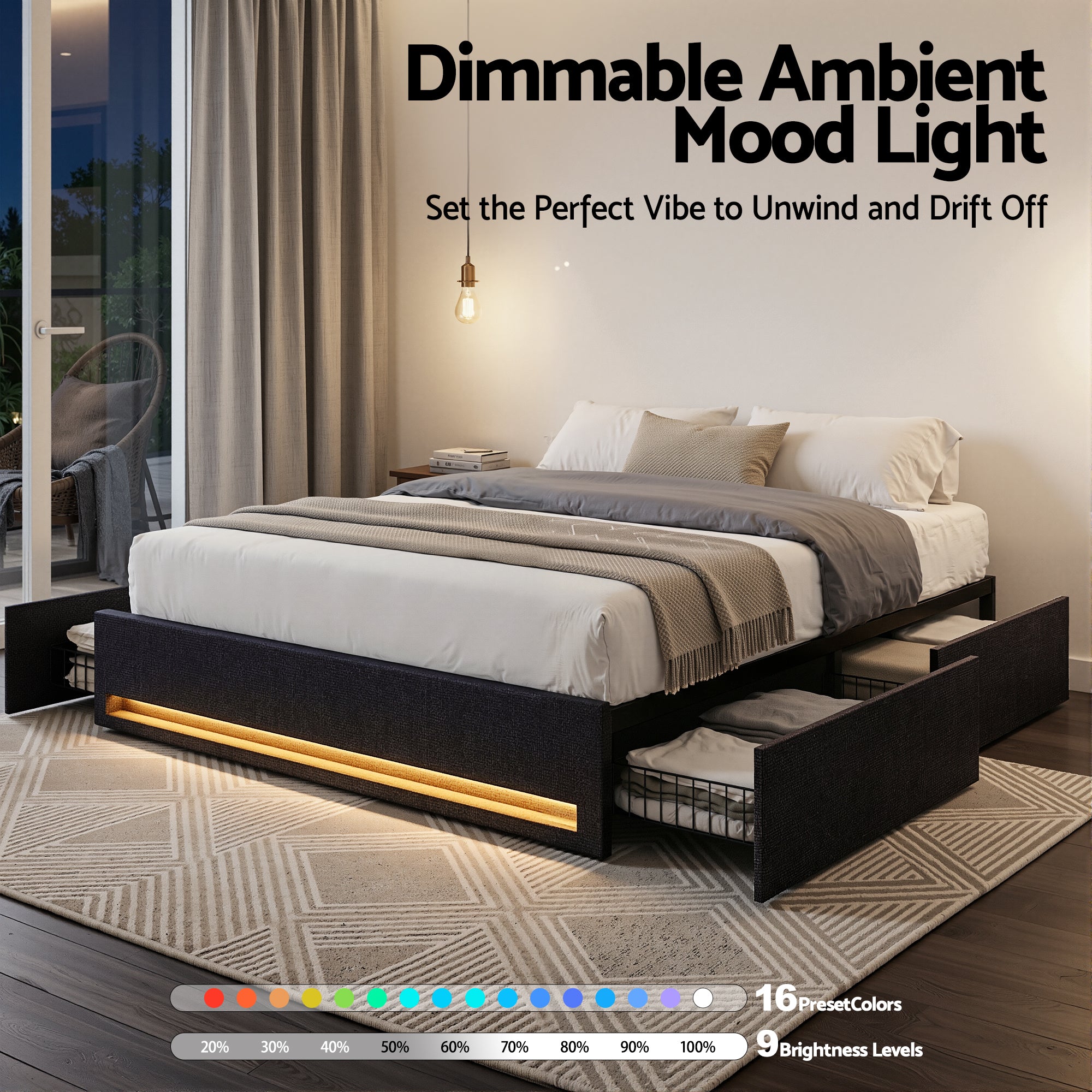 Double Bed Frame with Storage Drawers RGB Lights Charging Station Upholstered Fabric