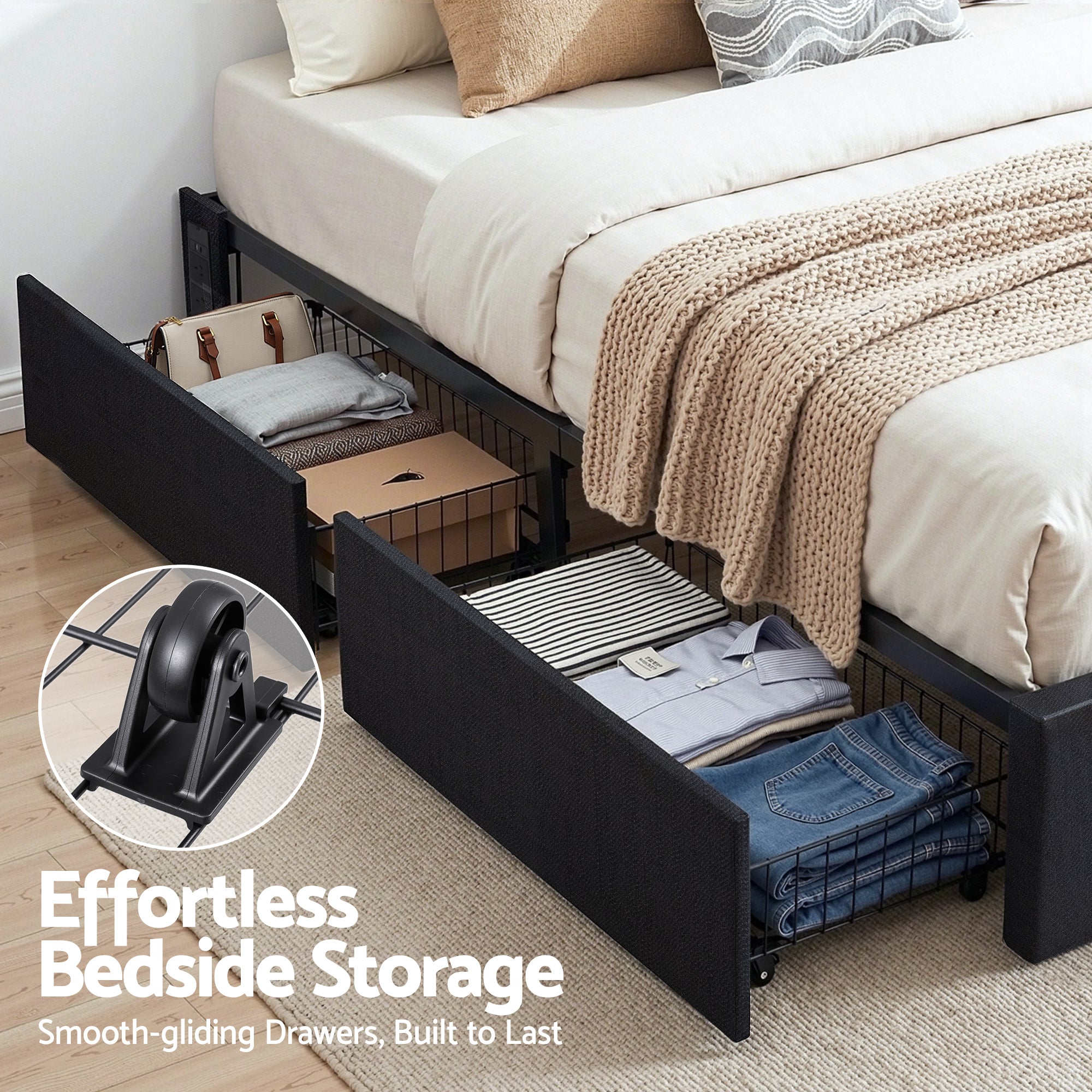 Queen Bed Frame with Storage Drawers RGB Lights Charging Station Upholstered Fabric