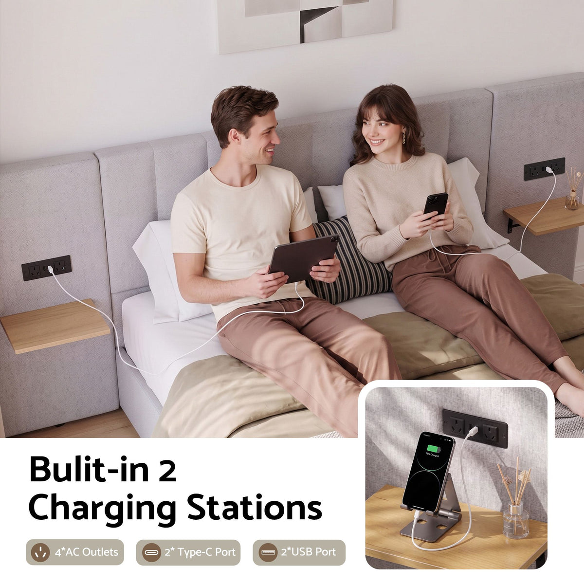 King Bed Frame with Wide Floating Shelves, USB Charging and Upholstered Headboard - Grey