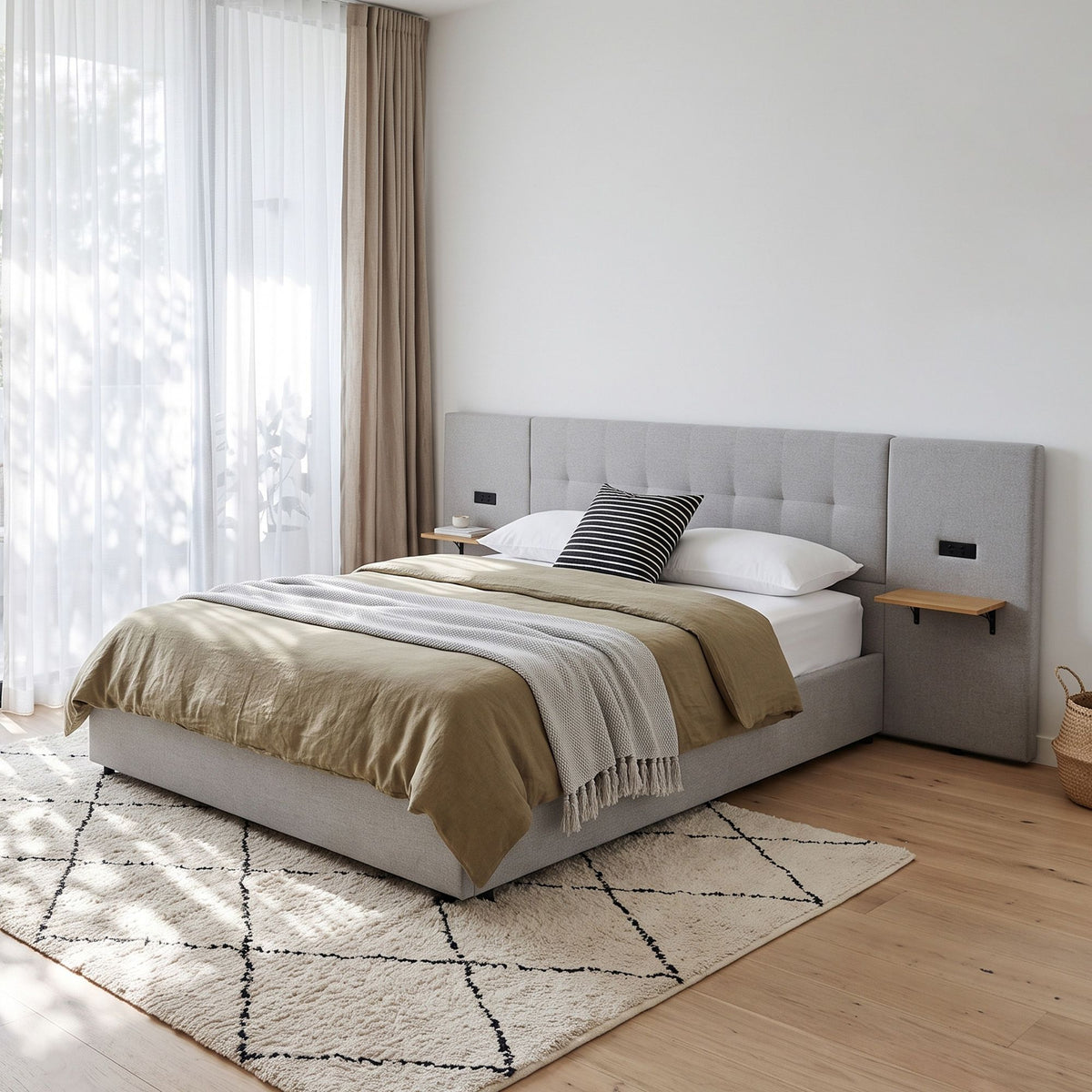 King Bed Frame with Wide Floating Shelves, USB Charging and Upholstered Headboard - Grey