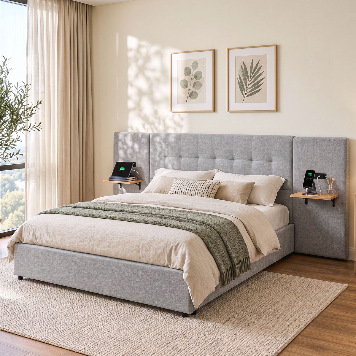 Queen Bed Frame with Wide Upholstered Headboard, Floating Shelves & USB Ports - Grey