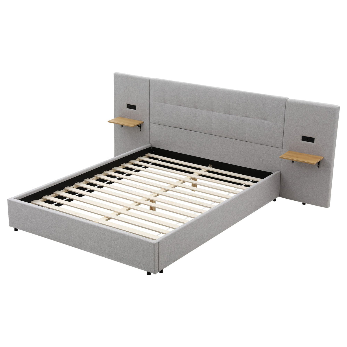 Queen Bed Frame with Wide Upholstered Headboard, Floating Shelves & USB Ports - Grey