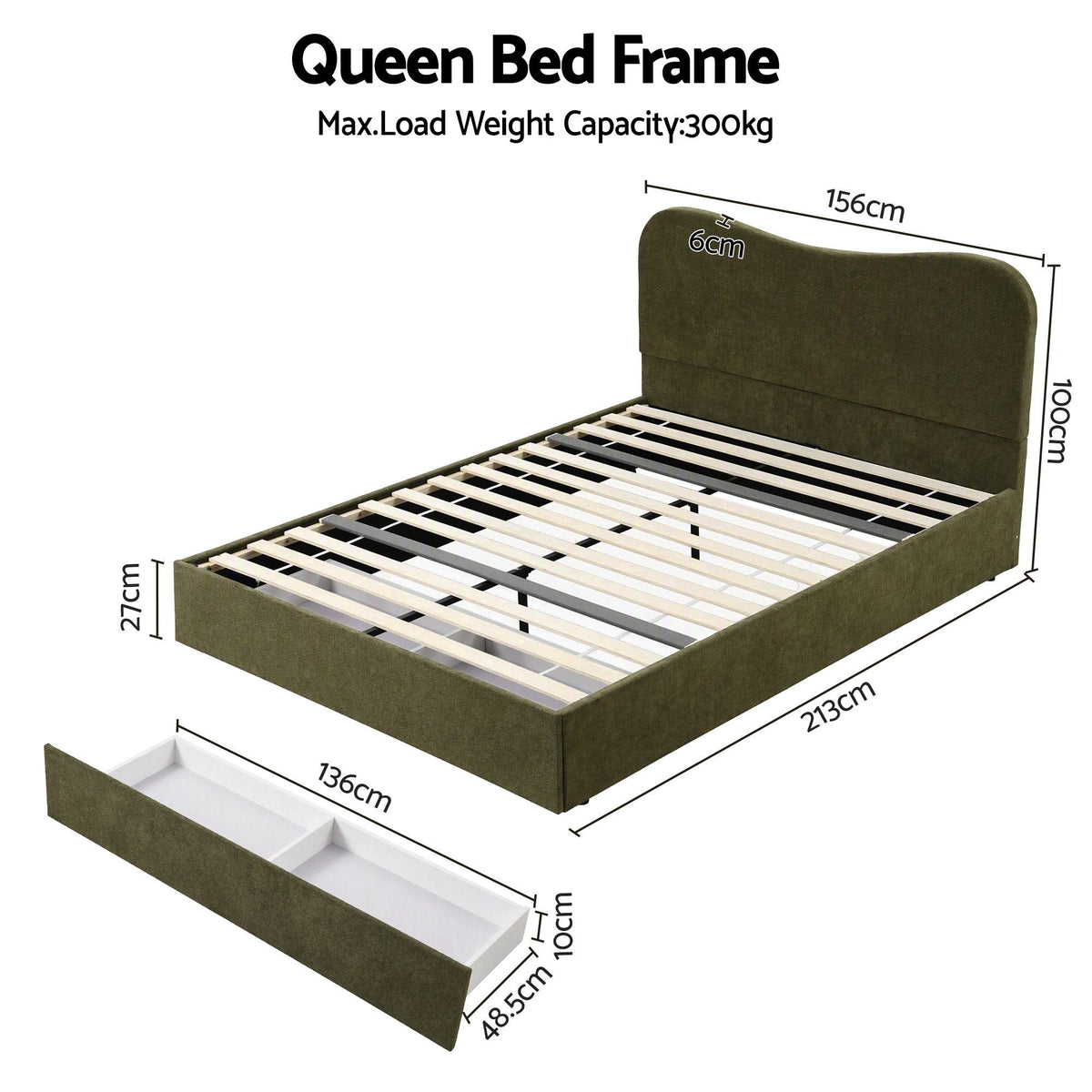 Queen Bed Frame with Storage Drawer and Chenille Curved Headboard