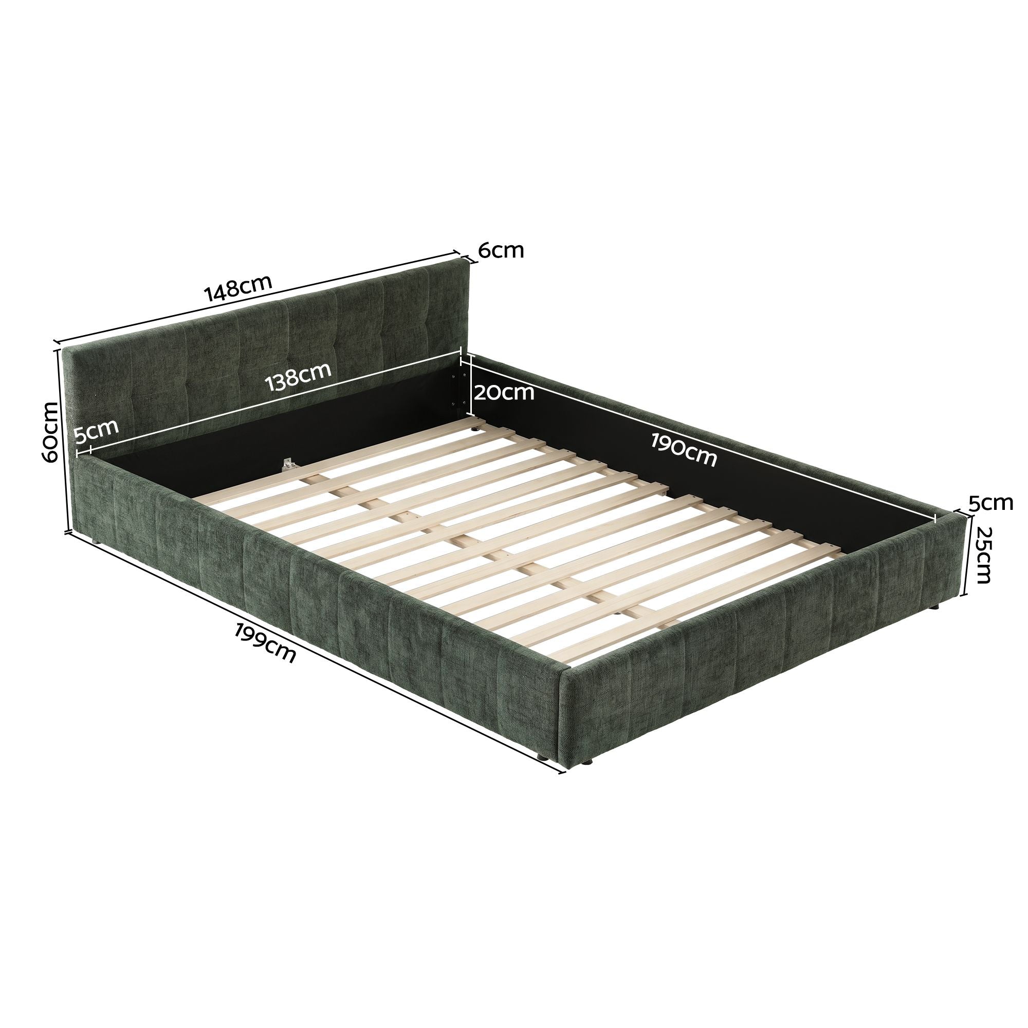 Double Bed Frame Chenille Heavy Duty Platform Base Green 300kg Support No Box Spring Needed